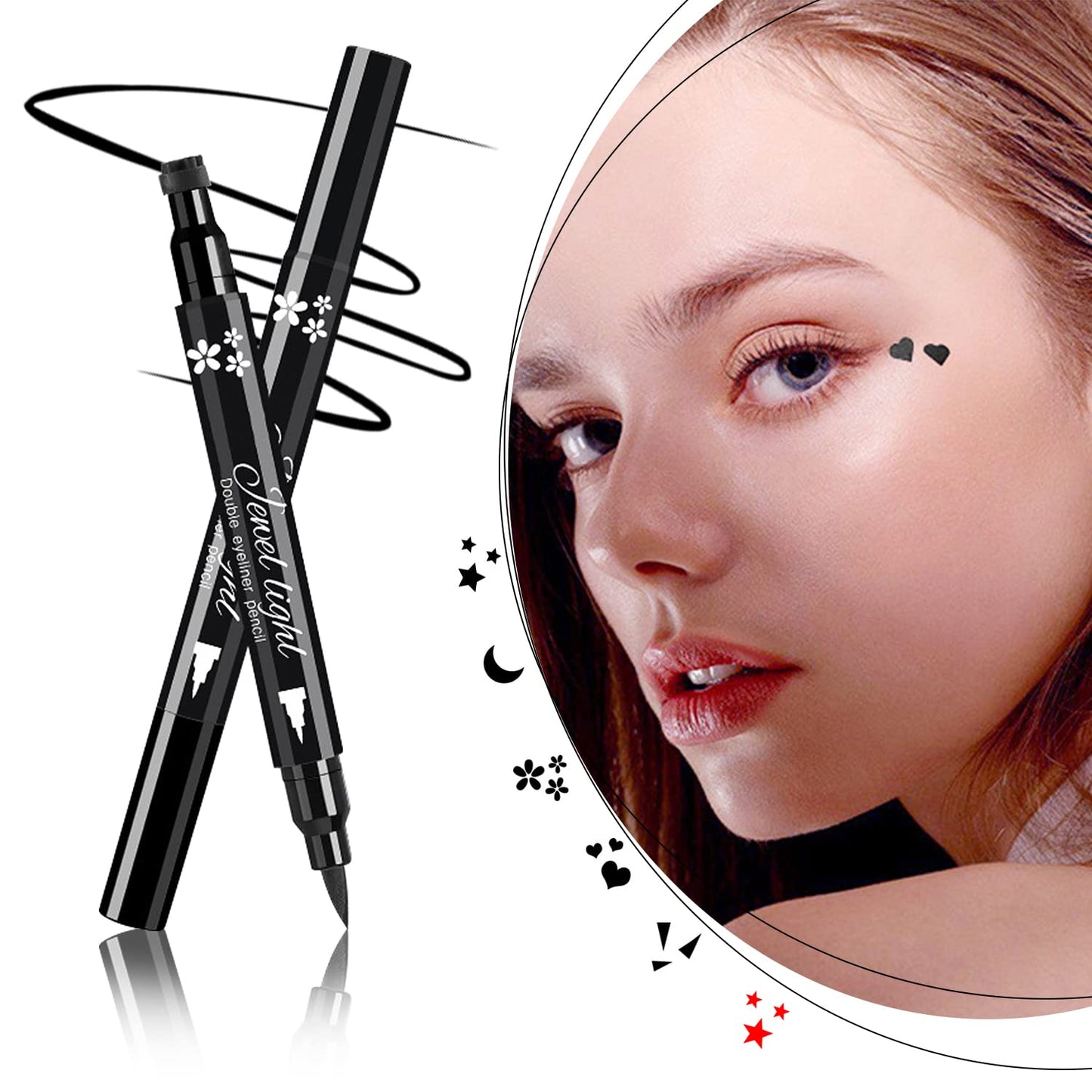 Eyeliner Stamp Set - 6 Double-Ended Winged Pens with Heart, Star, Plum, Triangle & Moon Shapes | Waterproof Liquid Eyeliner for Festival & Cosplay Makeup