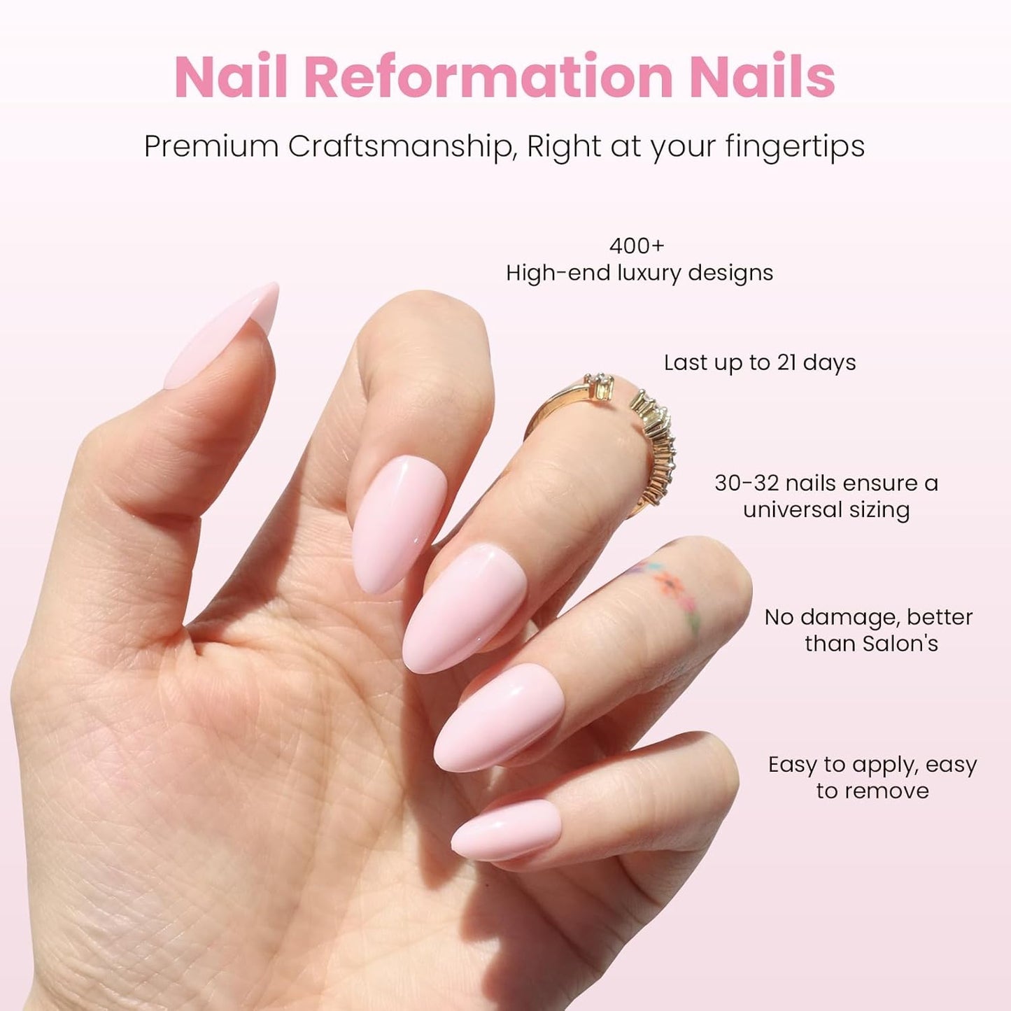 Press On Nails | Soft Pink Short Almond Glossy Finish | 32-Piece Reusable Nail Kit with Glue - Perfect Manicure Gifts for Women