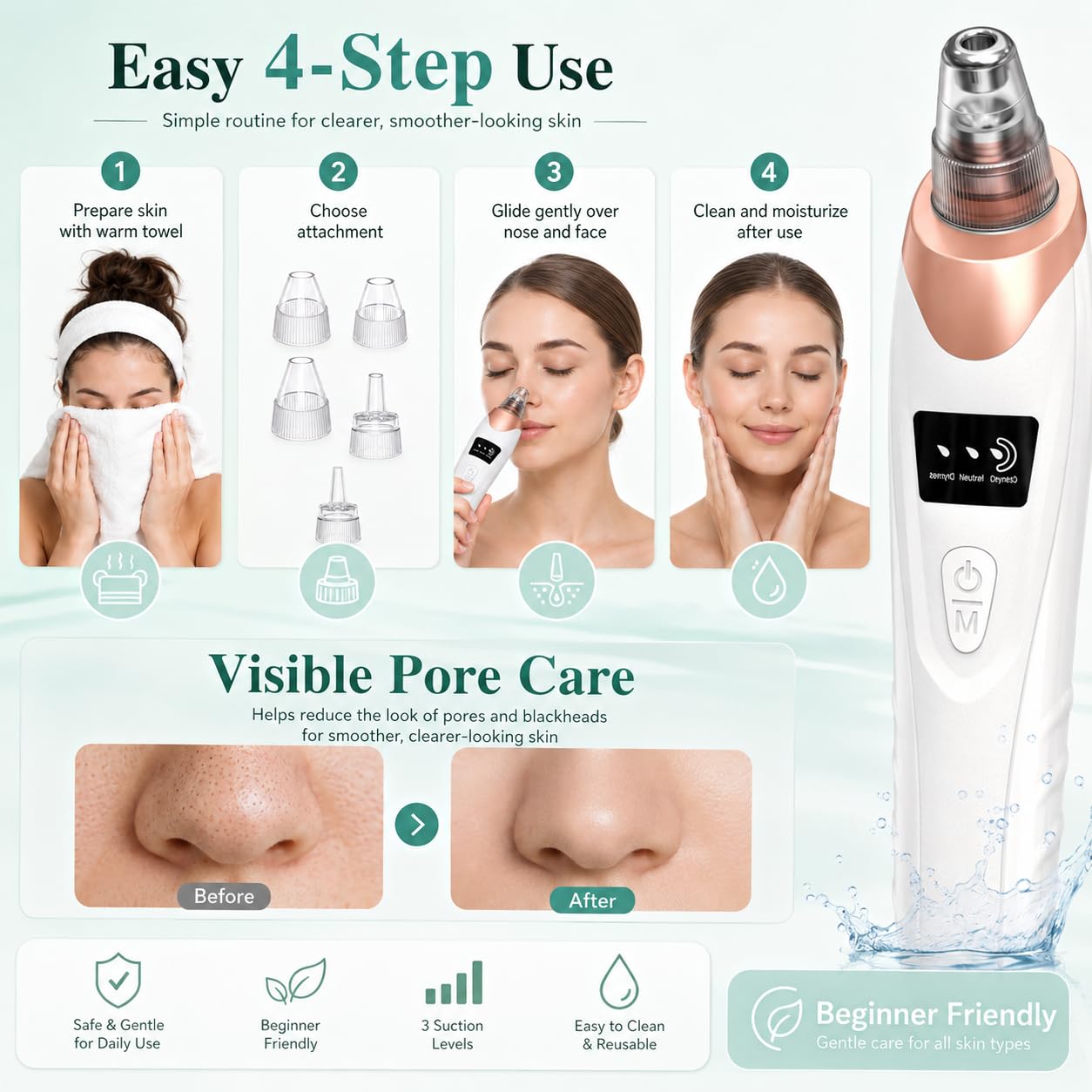 Pore Vacuum - Rechargeable Blackhead Remover with 5 Suction Heads | Adjustable Suction Levels & Stainless Steel Tools - At-Home Skincare Kit