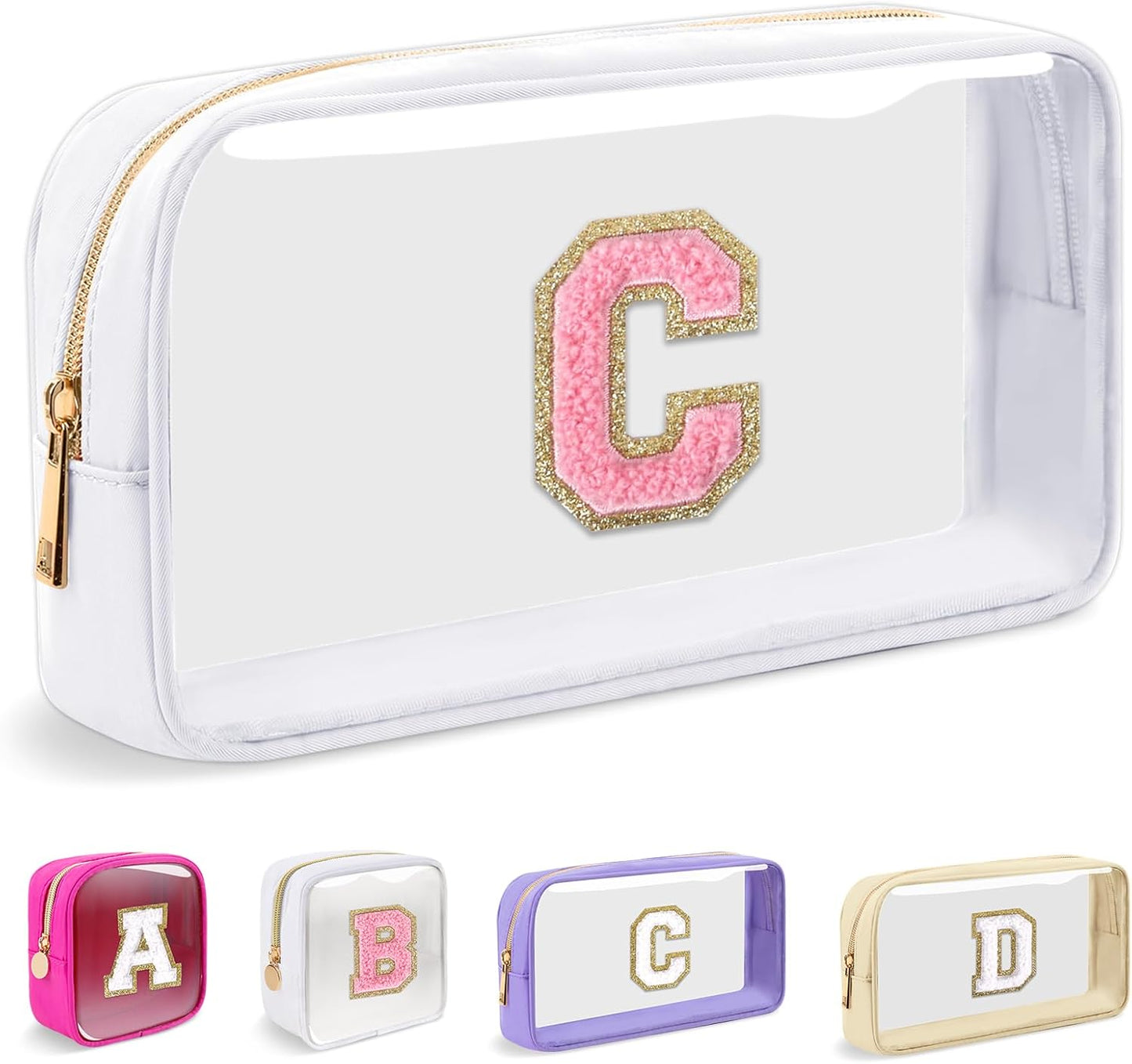 Personalized Initial Makeup Bag - Waterproof Nylon Cosmetic Pouch | A-Z Chenille Letter Patch, White-Pink G