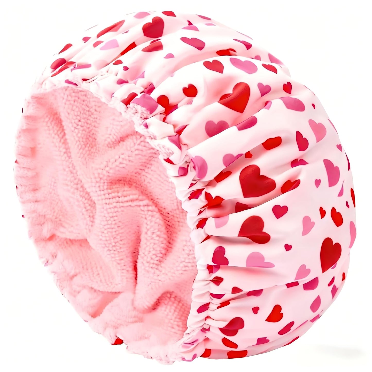 3 in 1 Shower Cap for Women, Pink Heart Print Reusable Waterproof Terry Lined Elastic Bath Wrap Long Braided Hair (Love)