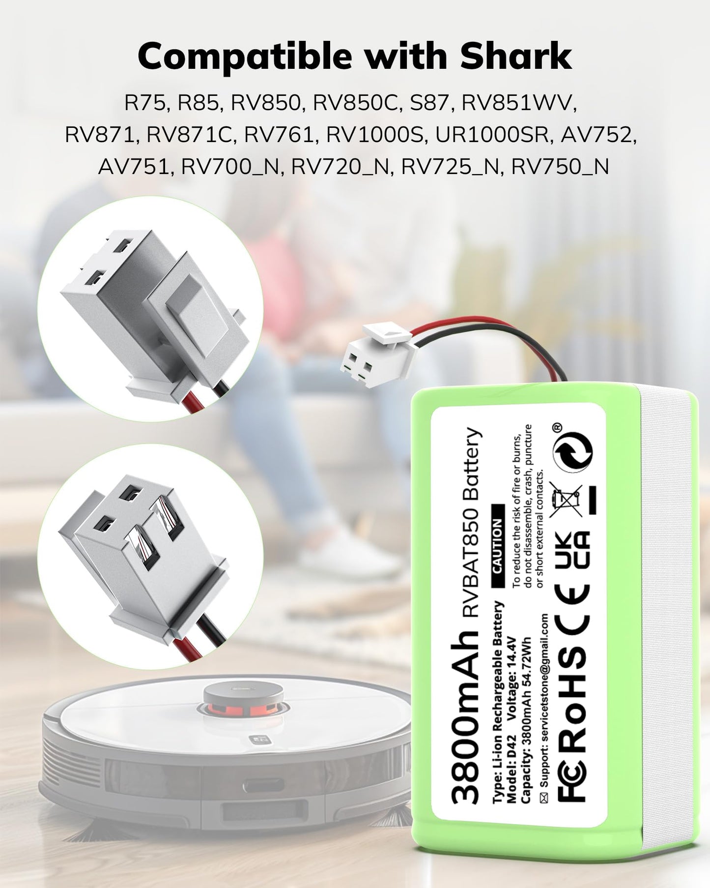 3800mAh RVBAT850 Battery, Battery Replacement for Shark Vacuum, Suitable for Rvbat850 Shark Ion-battery R75, RV761, RV850C, RV1000S, RV1100VL, RV101AE, UR1000SR, RV700_N, RV720_N(2-Prong Connector)