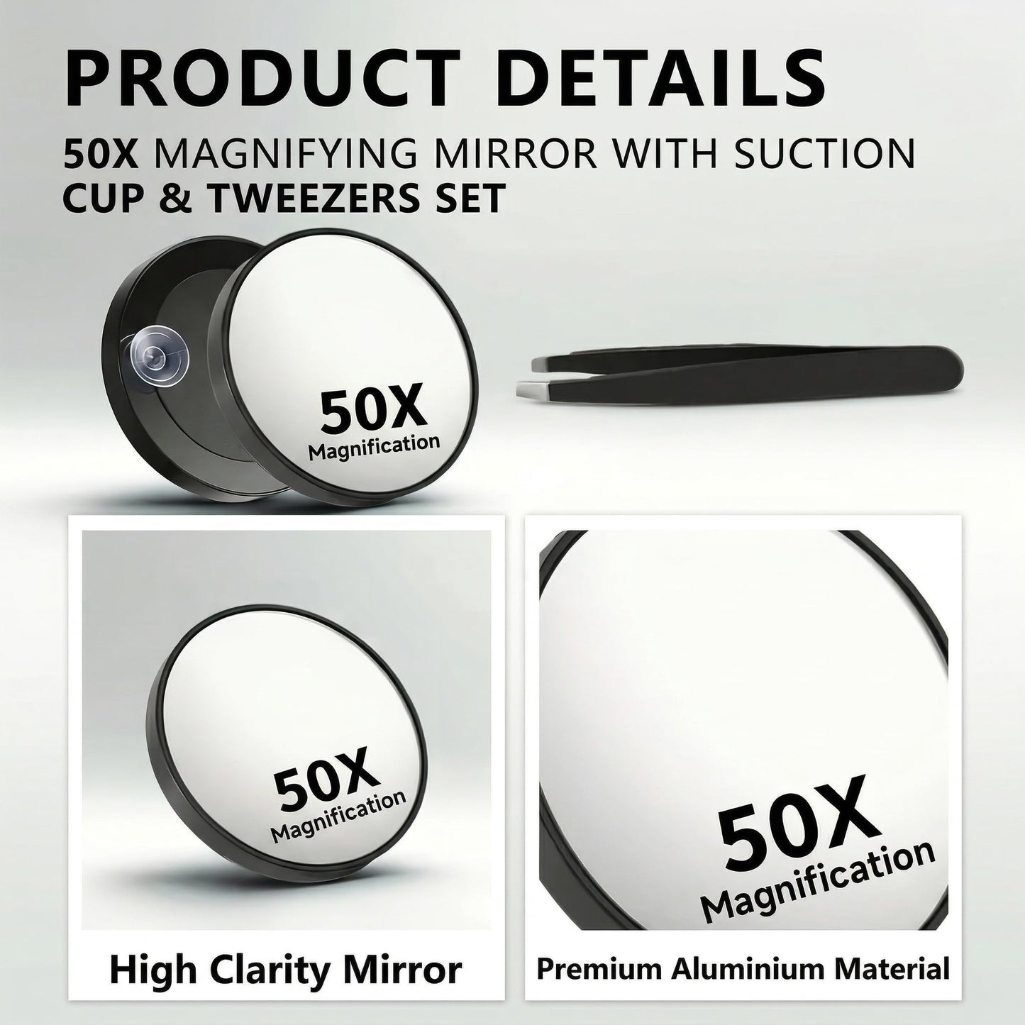 Magnifying Mirror, 50X High Magnification Round Handheld Suction Cup Black Tool, Portable Small Makeup Mirror with Tweezers for Precise Eyebrow Plucking Blackhead Removal and Facial Grooming