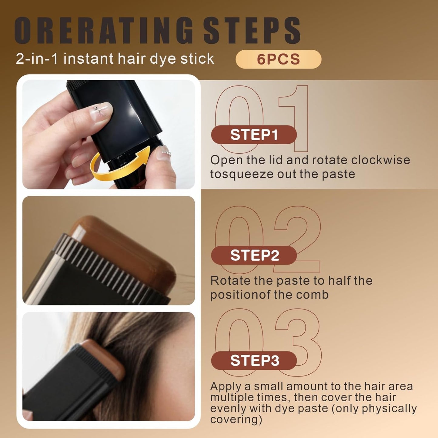 Hair Color Stick Set - 6PCS Waterproof & Sweat-Proof Hair Dye Sticks with Comb | Gray Hair Coverage in Dark Brown, Black & Coffee Brown