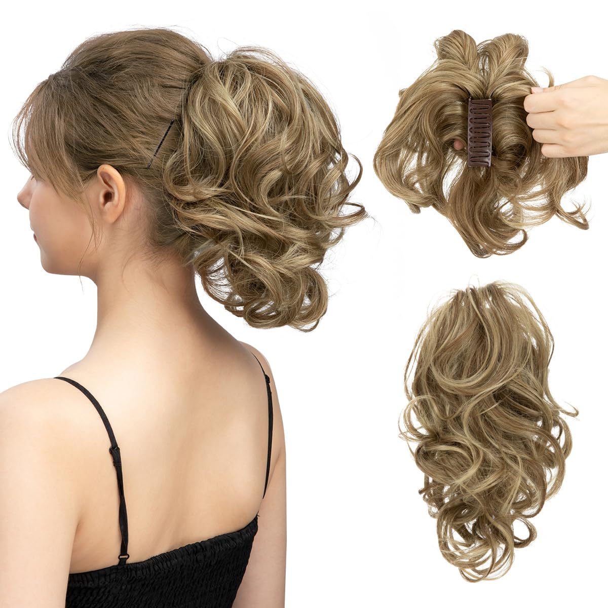 CJL Hair Claw Clip Short Ponytail Extensions - Bendable Metal Messy Bun Piece | Wavy Curly Synthetic Hair, Ash Grey