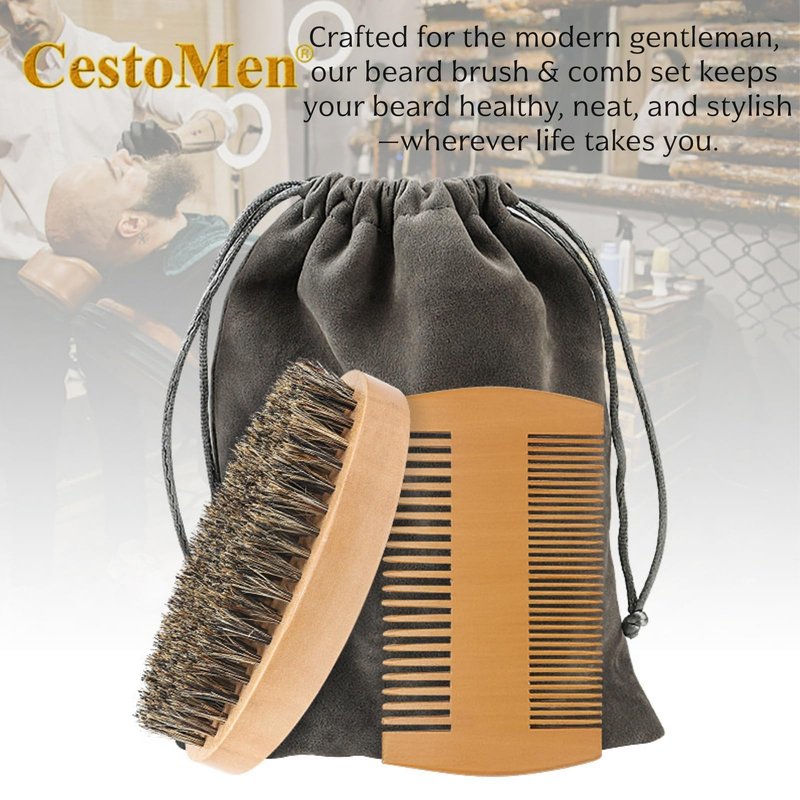 viviyoo Beard Brush and Comb Set for Men Boar Bristle Beard Brush, Wooden Comb & Travel Pouch White Elephant Gifts, Christmas Stocking Stuffers for Husband Dad Boyfriend Portable Beard Grooming Kit