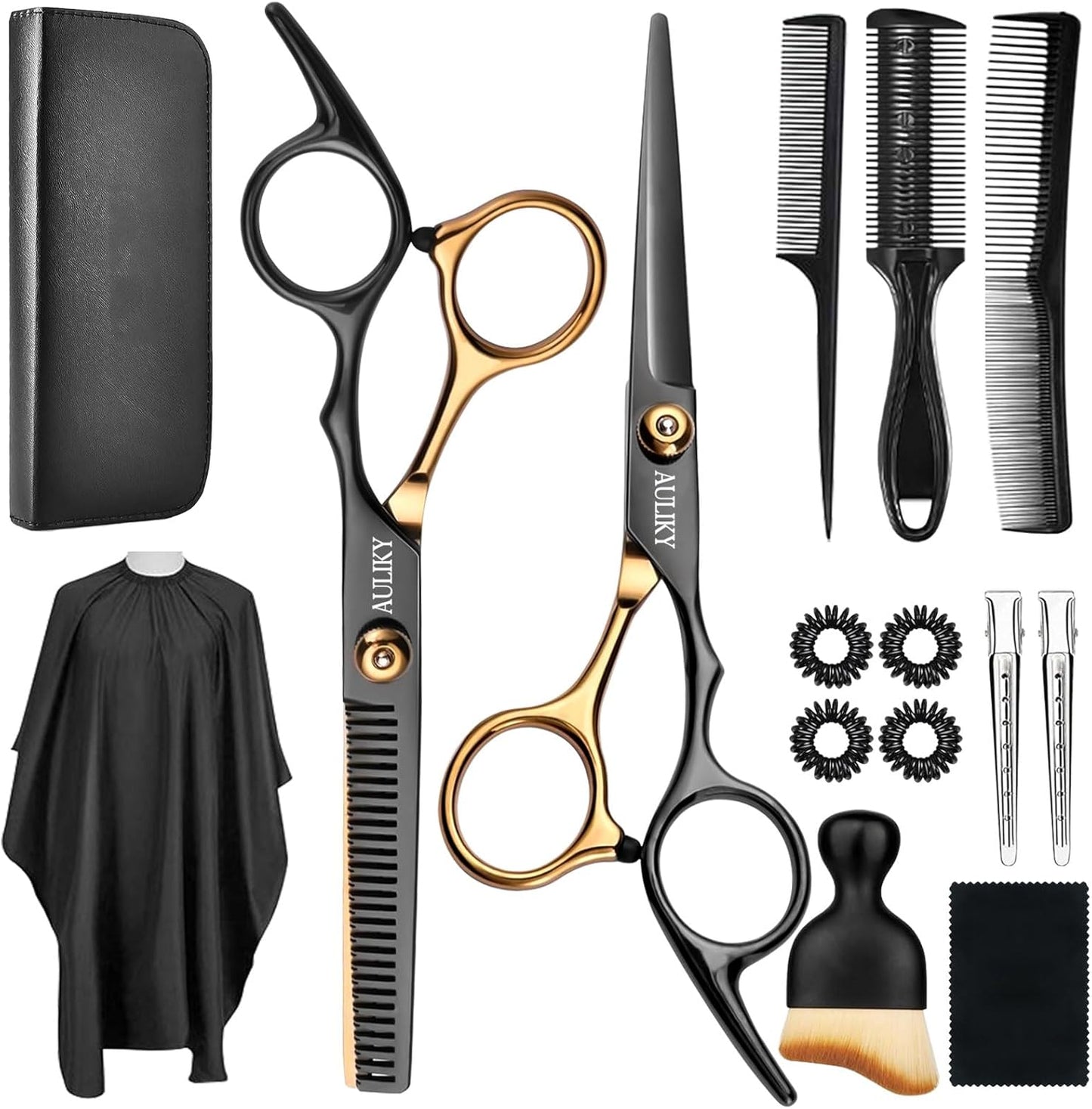 Professional Hair Cutting Scissors Set - 15 Pcs Stainless Steel Shears Kit for Barbers & Home Use | Thinning Scissors for Men, Women, Kids