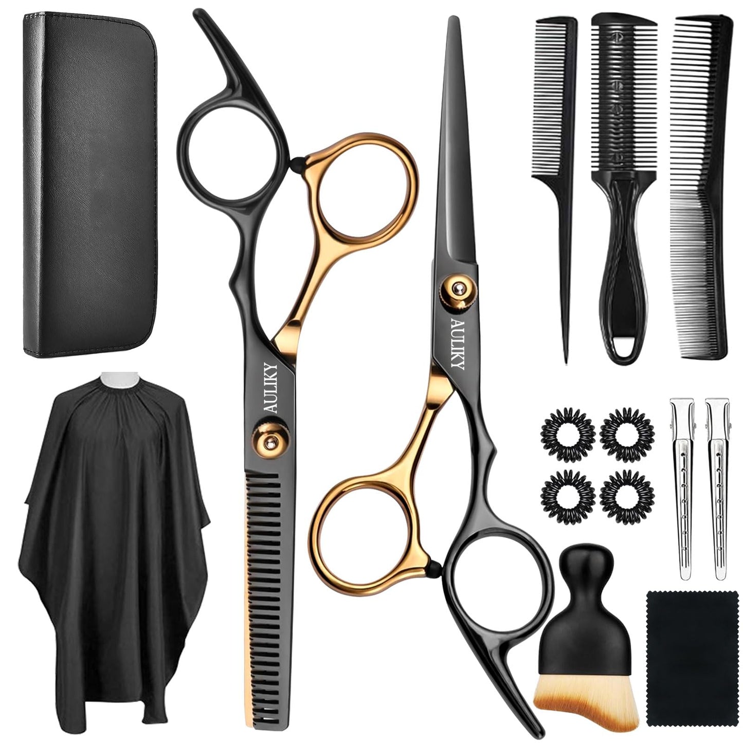 AULikY Hair Cutting Scissors Shears Kits, 15 Pcs Professional Stainless Steel Hairdressing Shears Set Thinning Scissors for Barber/Salon/Home/Men/Women/Kids/Adults