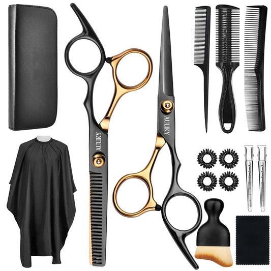 AULikY Hair Cutting Scissors Shears Kits, 15 Pcs Professional Stainless Steel Hairdressing Shears Set Thinning Scissors for Barber/Salon/Home/Men/Women/Kids/Adults