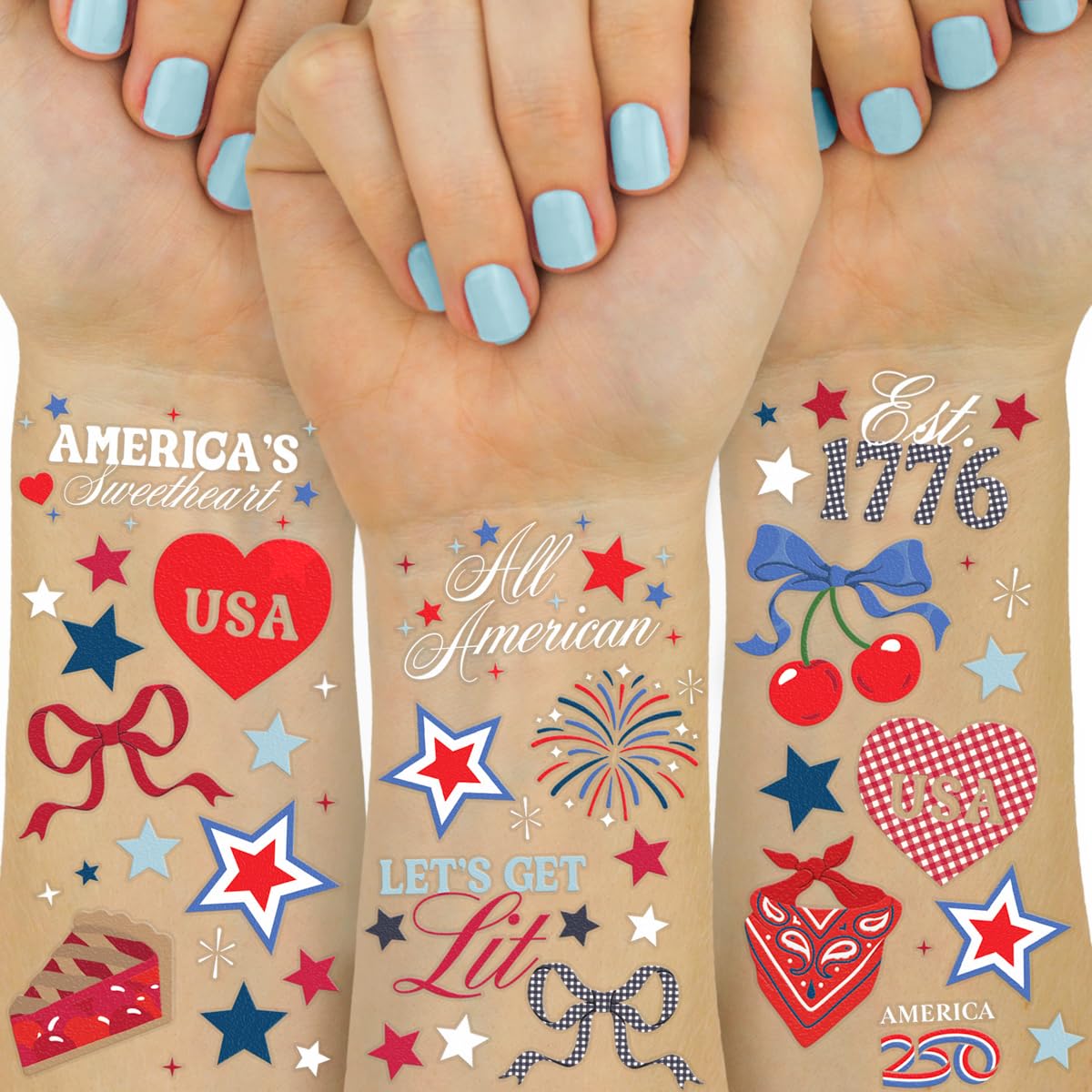 250 Patriotic Temporary Tattoos - 4th of July USA Red White Blue Stars & Fireworks | Kids Party Decor