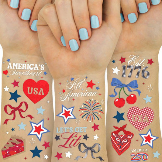 xo, Fetti America 250 Tattoos, 4th of July -60 Temporary Tattoos | USA, Red White Blue, Stars, Fireworks, Patriotic Party Decor, Kids Party, All American