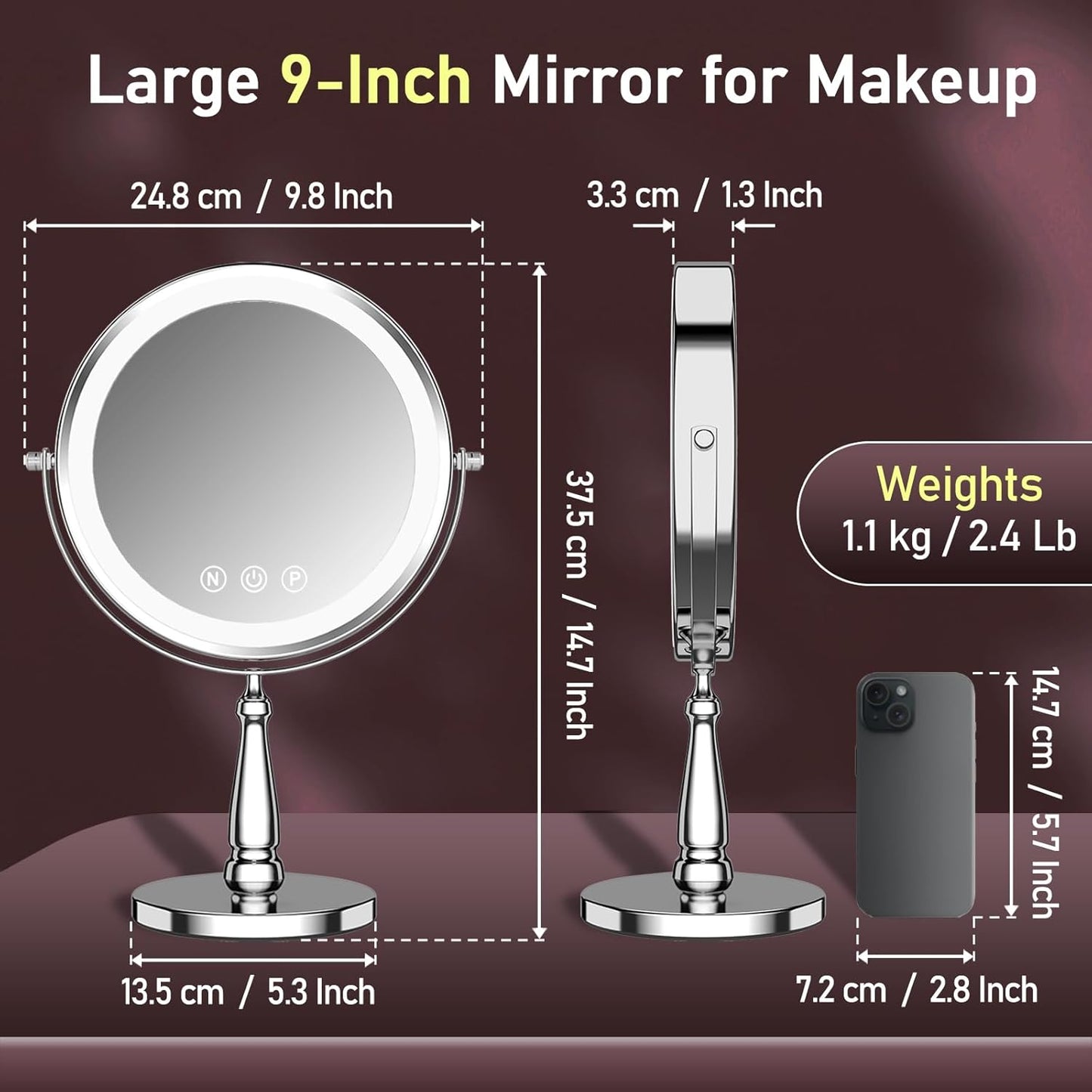 Makeup Mirror with Lights - 20X Magnifying Vanity Mirror | 5000 mAh, 9 Inch, 3 Color Options