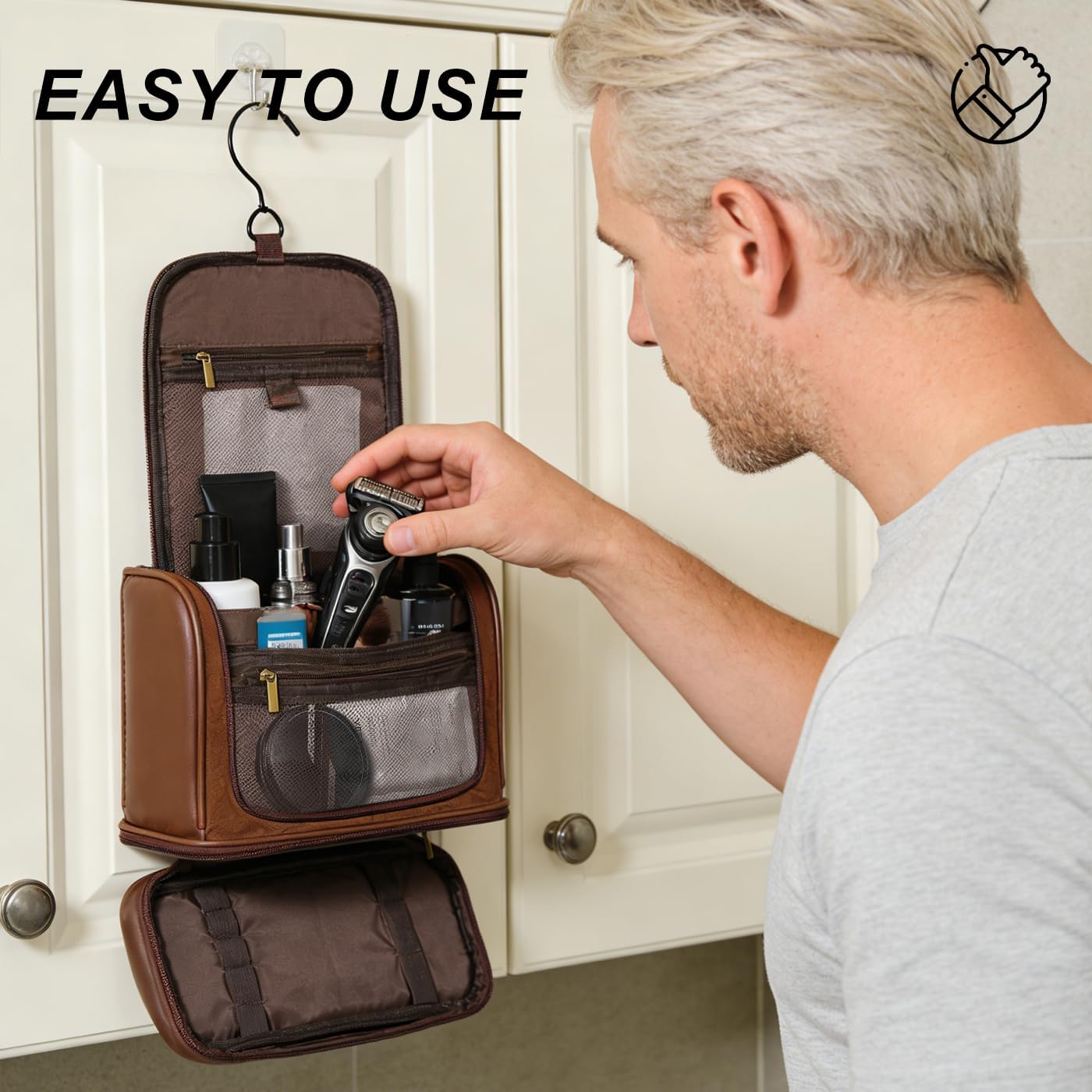 Travel Toiletry Bag - Leather Hanging Organizer | Waterproof with Separate Compartments - Dark Brown