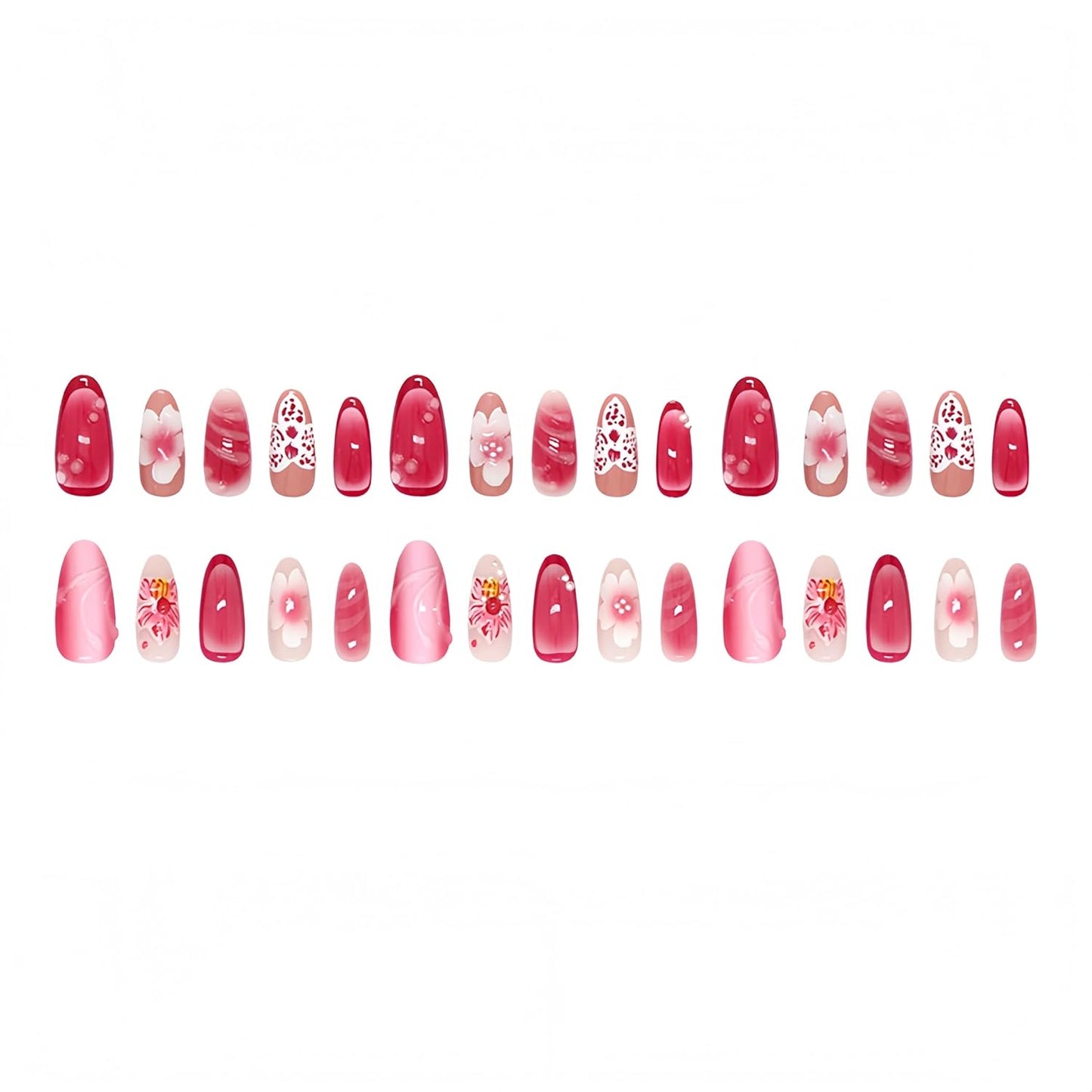 Almond Press-On Nails Set - 30Pcs 3D Pink Flower & Gold Beads | Reusable Floral Design for Beach Vacation