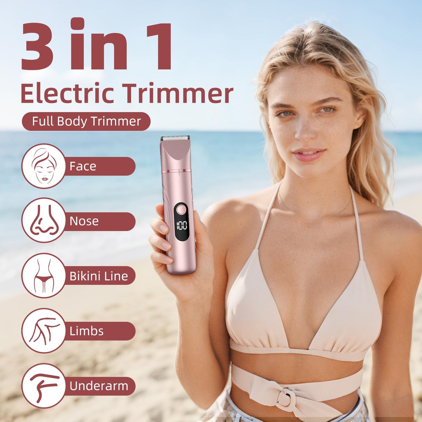 Bikini Trimmer for Women 3 in 1 Electric Shaver Razors Nose Hair Trimmer Waterproof Pubic Hair for Underarm Leg Arm Body (Rose Gold)