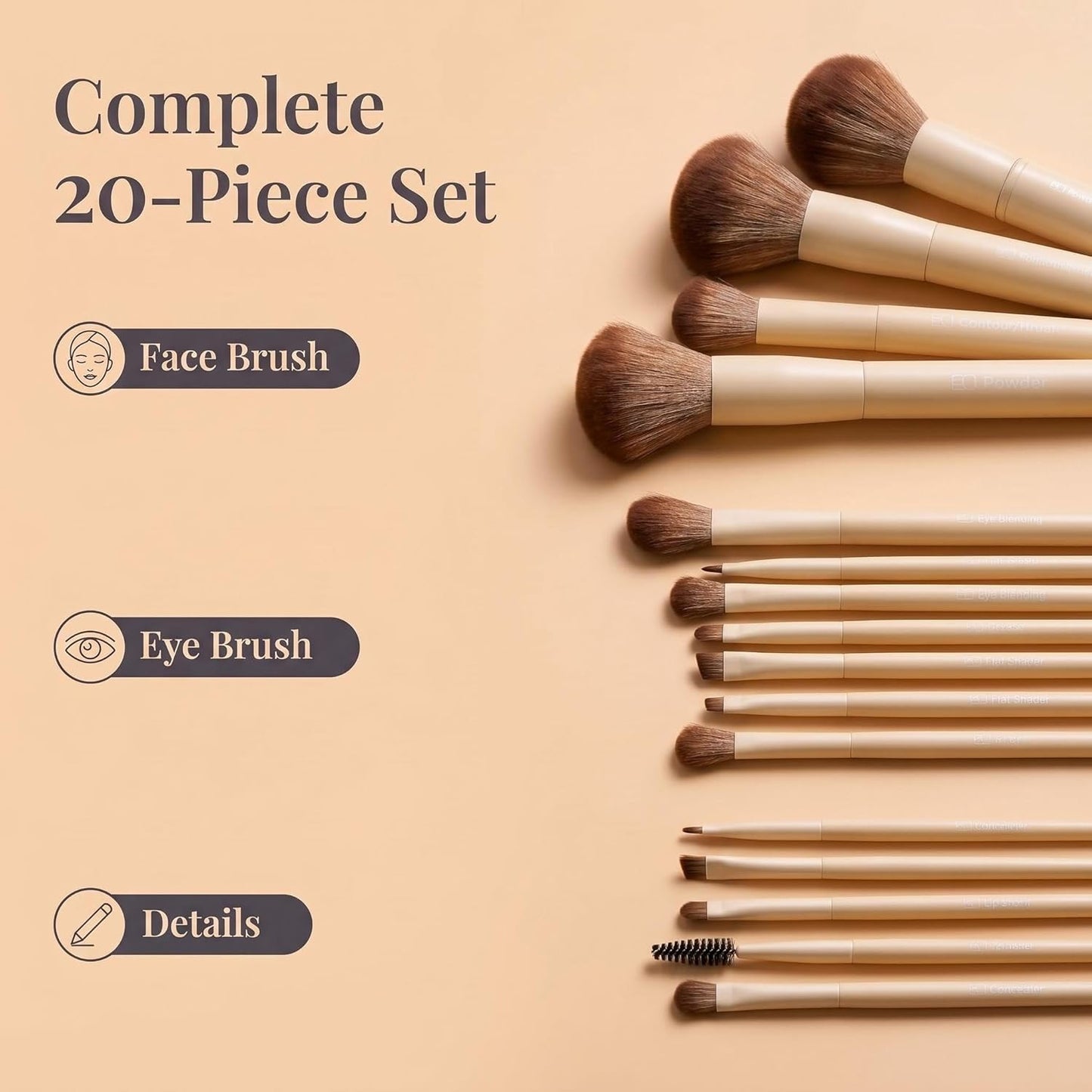 Professional Makeup Brushes Set - 20 Pcs Kabuki, Eyeshadow, Concealer, Blush & Foundation Brushes with Travel Case | Beige