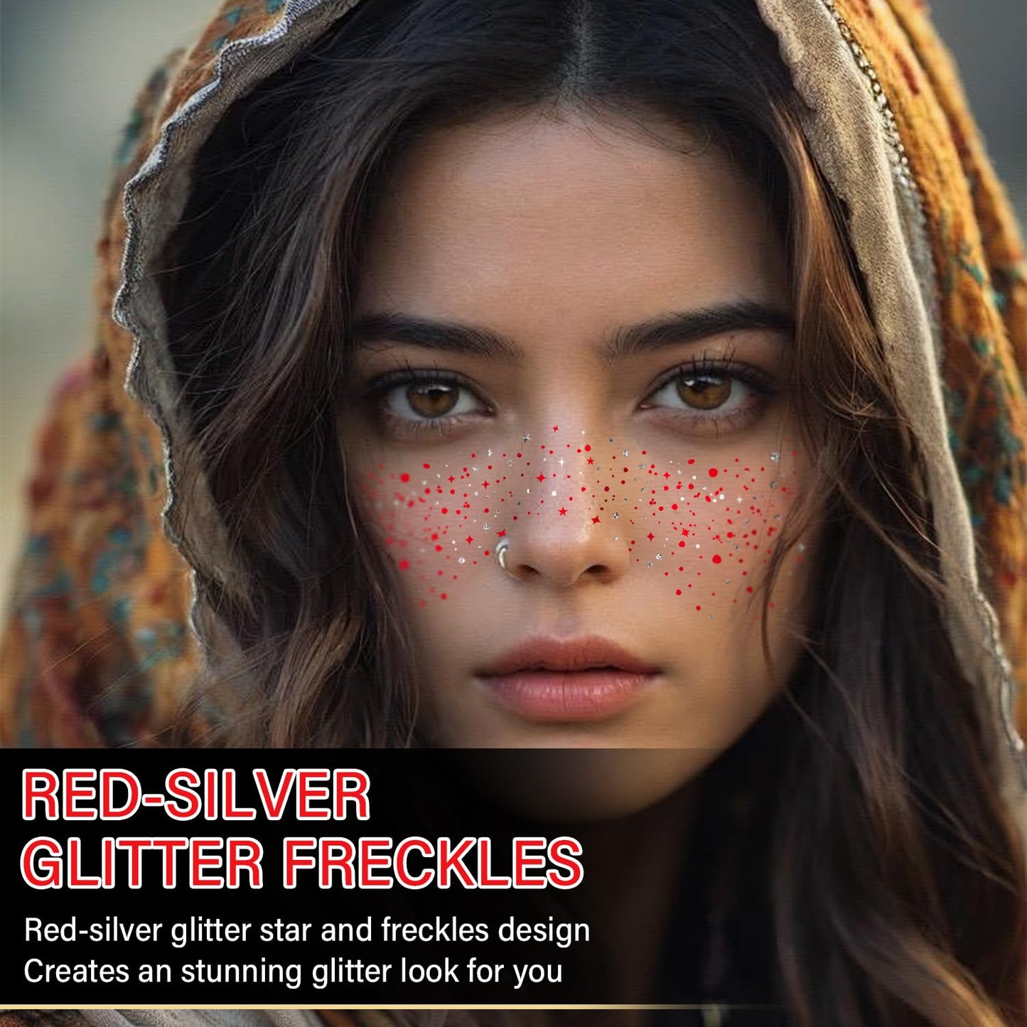 10 Pcs Red-Silver Dual-Tone Glitter Freckles, Double Colors Glitter Freckle Face Tattoo, Face Sparkle Temporary Tattoo, Long-Lasting 48h Freckles for Christmas