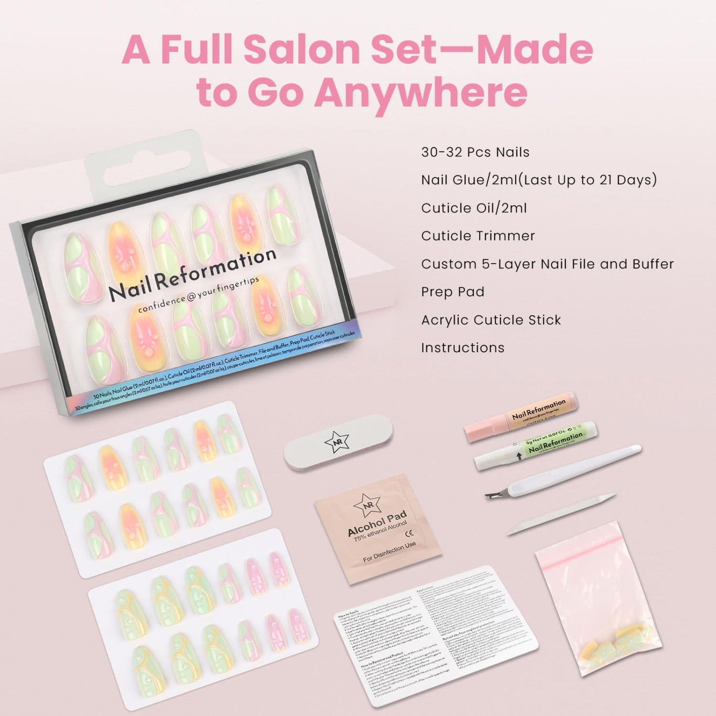 Press On Nails - 3D Bubble Medium Almond Fake Nails in Vibrant Colors | Salon Quality, Reusable 30 Nail Kit in 15 Sizes