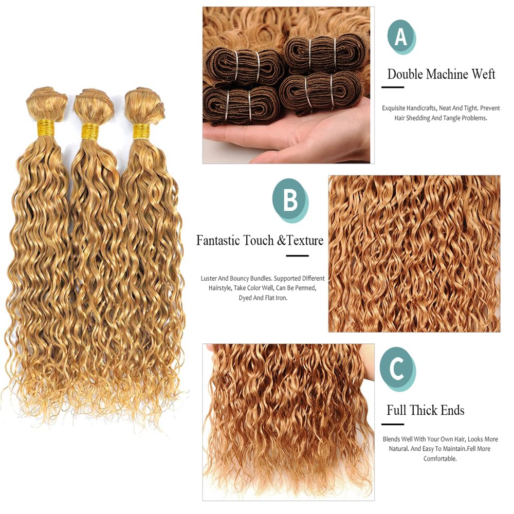 20 22 24 Inch #27 Honey Blonde Bundles Human Hair Water Wave 3 Bundles Brazilian Remy Hair 50 Grams/Bundle 10A Grade Unprocessed Virgin Hairs Blonde Water Wave Bundle Weaves Extensions