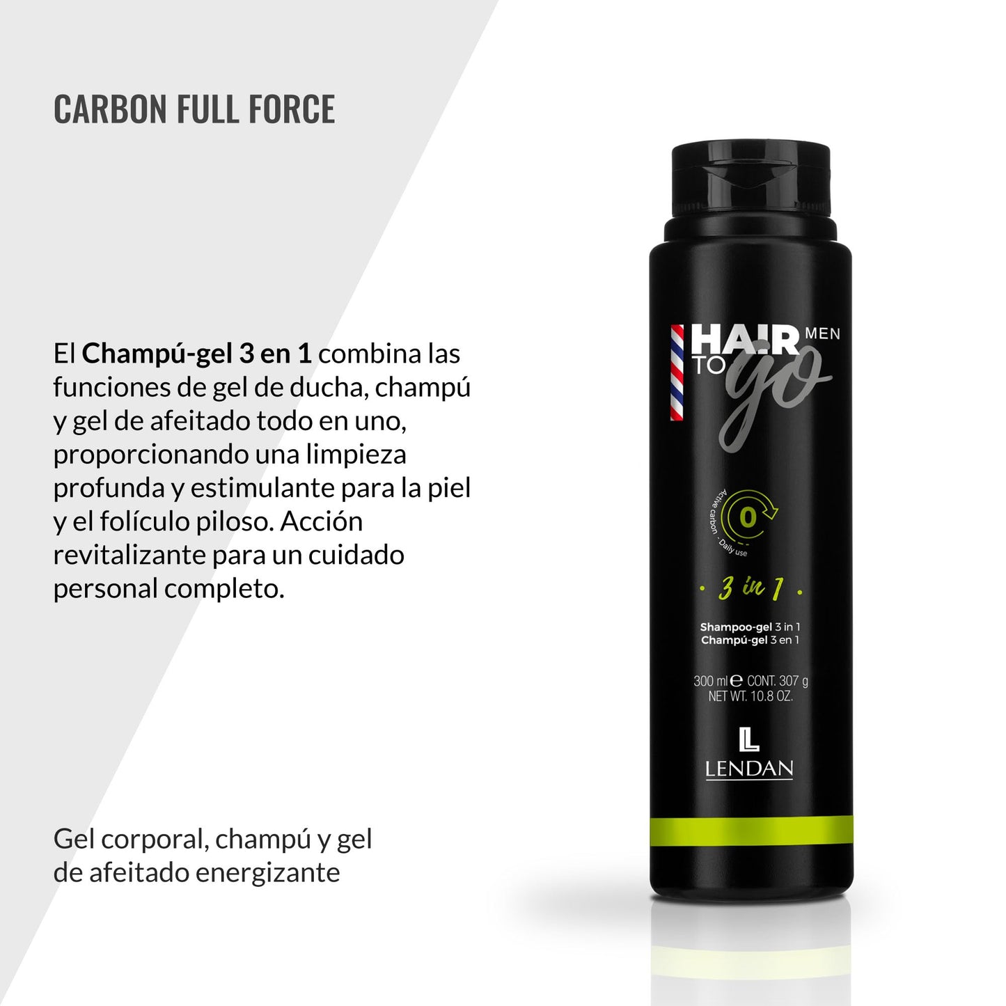 Lendan - 3-in-1 Shampoo-Gel - Hair To Go Men - 300 ml - Shower Gel, Shampoo, and Shaving Gel - Deep Cleansing - with Activated Charcoal and Ginseng - Removes Impurities - Hydrates Skin
