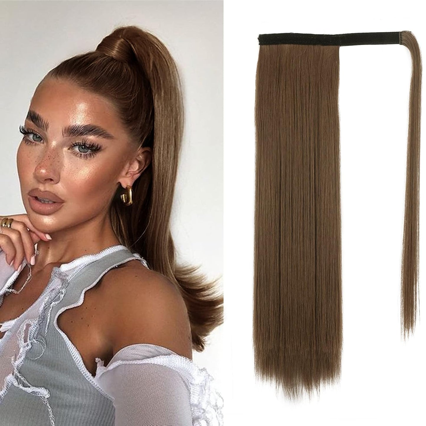 Dark Brown Straight Wrap Ponytail Extension - 24 Inch Clip-In Hairpiece for Black Women | Synthetic Hair
