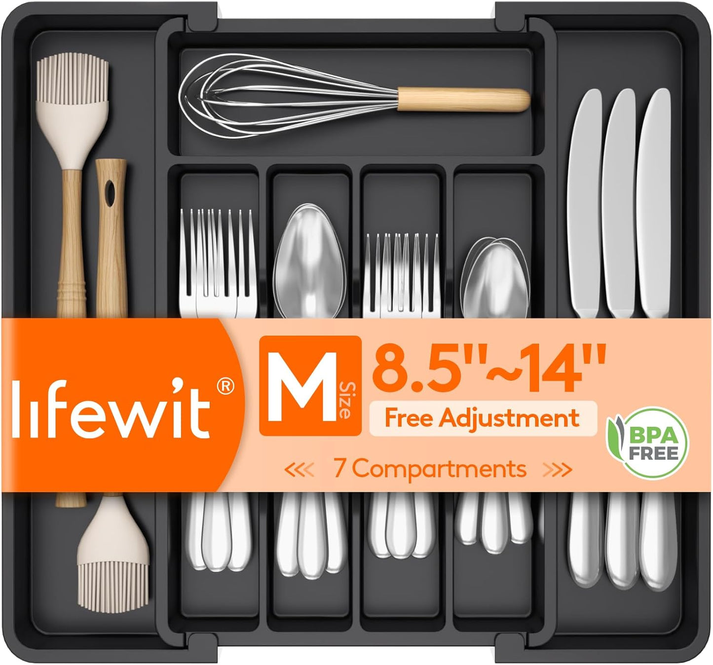 Expandable Silverware Organizer - BPA-Free Plastic Utensil Tray for Kitchen Drawer | Space-Saving Cutlery Holder, Black, 8.5-14 x 12 x 1.5 Inch