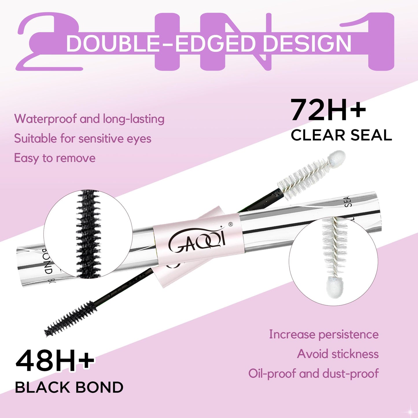 GAQQI Lash Bond and Seal + Remover 3 in 1 Set, 10ml Lash Cluster Glue Waterproof for Eyelash Clusters, 5ml Eyelash Remover Gentle Formula, Strong Hold for 72H+