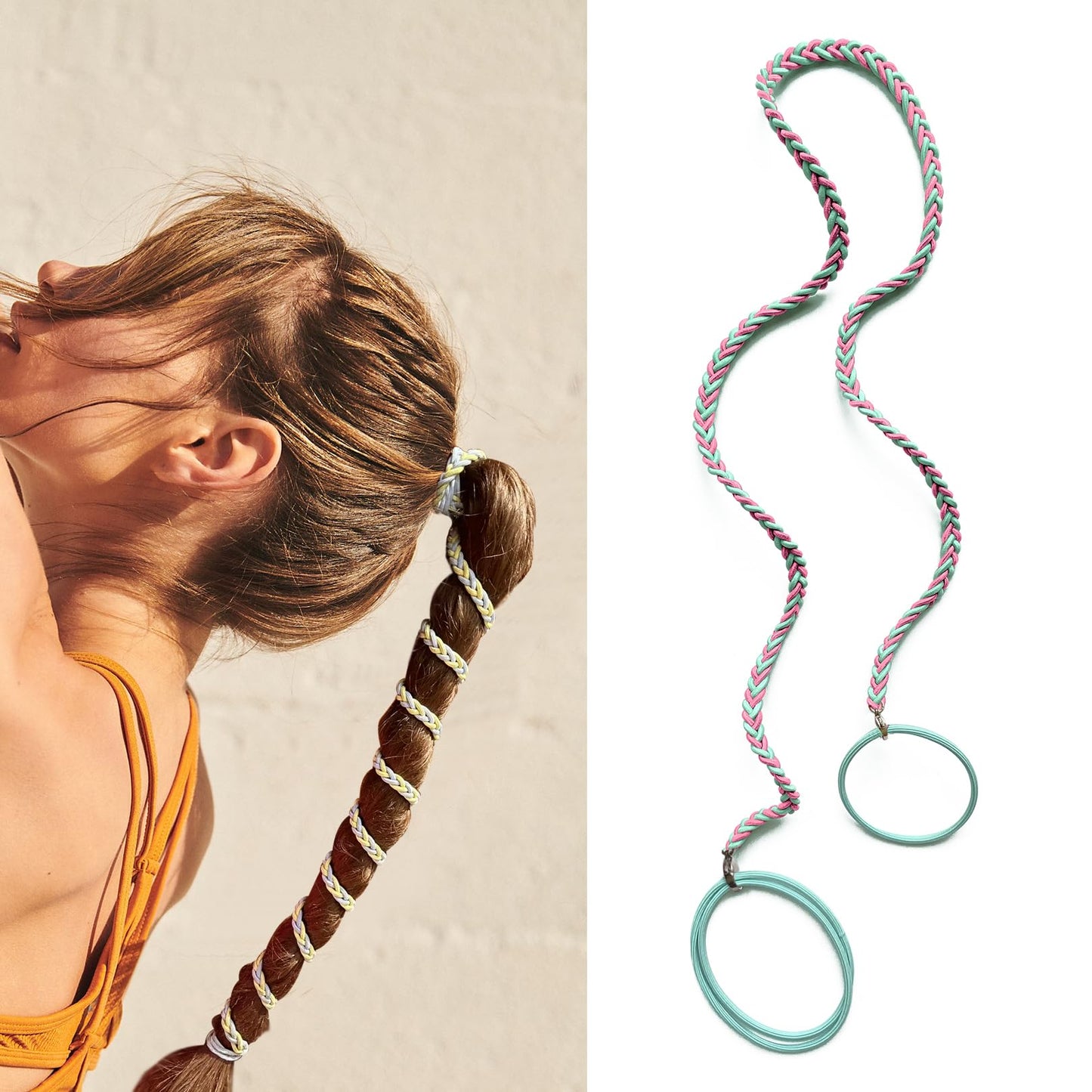 Hair Ties for Thick Hair, 25" Elastic No Tangle Spiral Hair Ties Damage-Free Ponytail Holders for Thick Long Hair Motorcycle Hair Accessories for Sports- Bike Riding Swim Skiing- Aqua+Pink