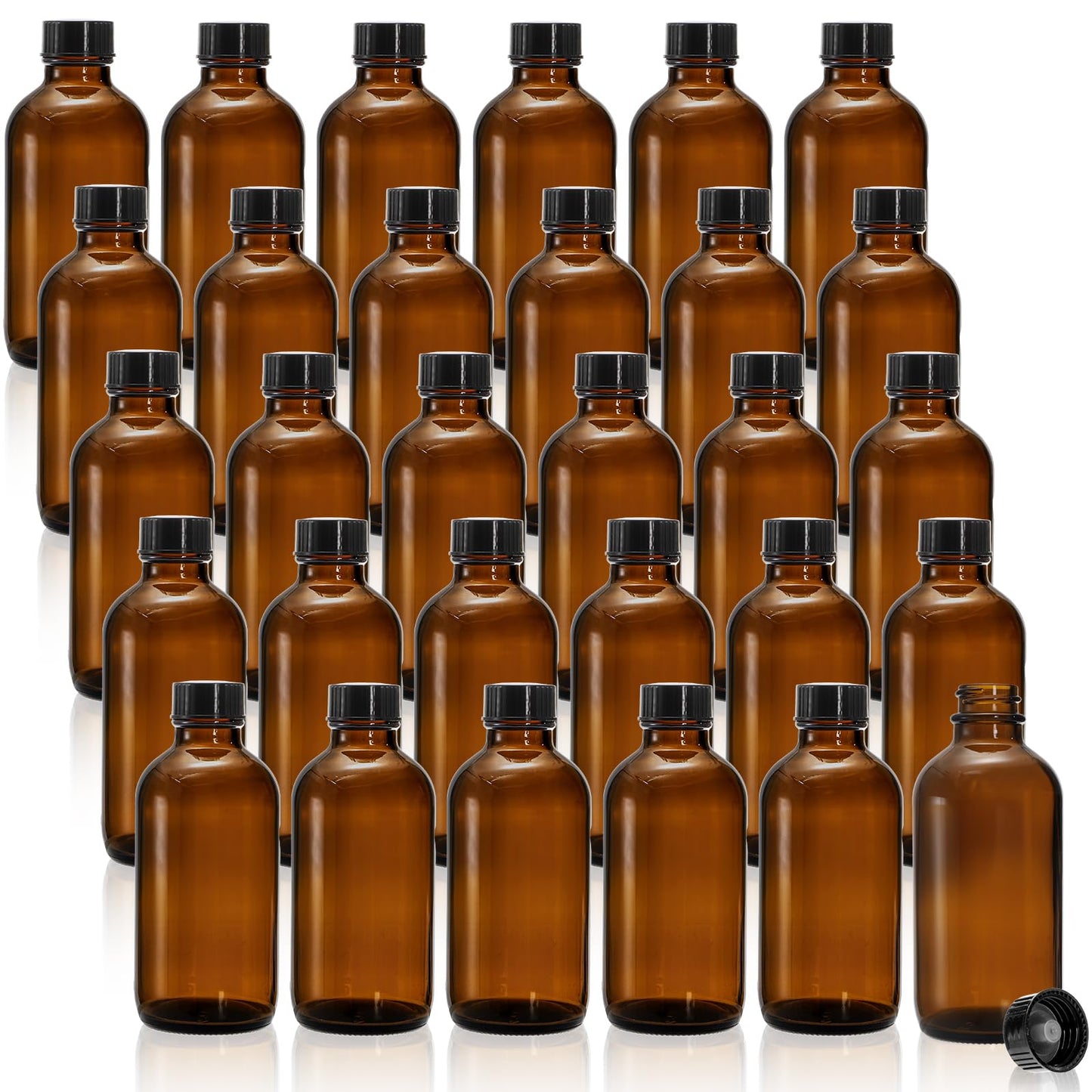 Bekith 30 Pack 4 oz Amber Glass Bottles, Boston Round Sample Bottles with Black Poly Cone Cap for Juice, Ginger Shots, Oils, Whiskey, Liquids