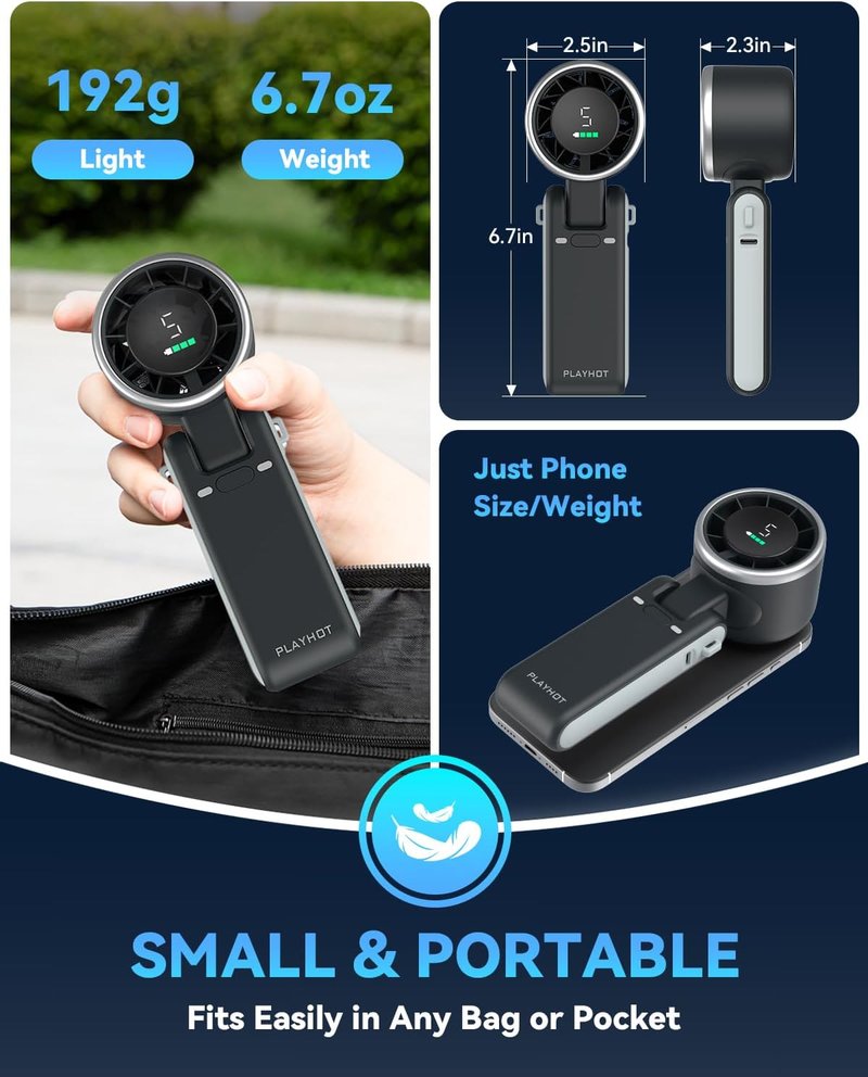 Portable Handheld Turbo Fan - USB-C Rechargeable, 5-Speed Cooling | 12-Hour Battery Life, Ideal for Travel & Outdoor Activities (Black)
