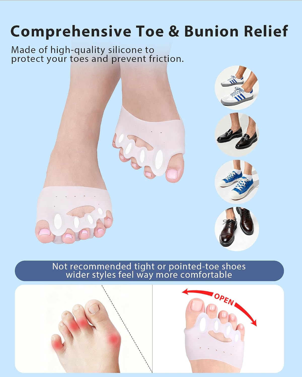 Silicone Toe Separators - Bunion Corrector & Toe Straightener | Soft, Breathable Cushions (4 Pairs)
