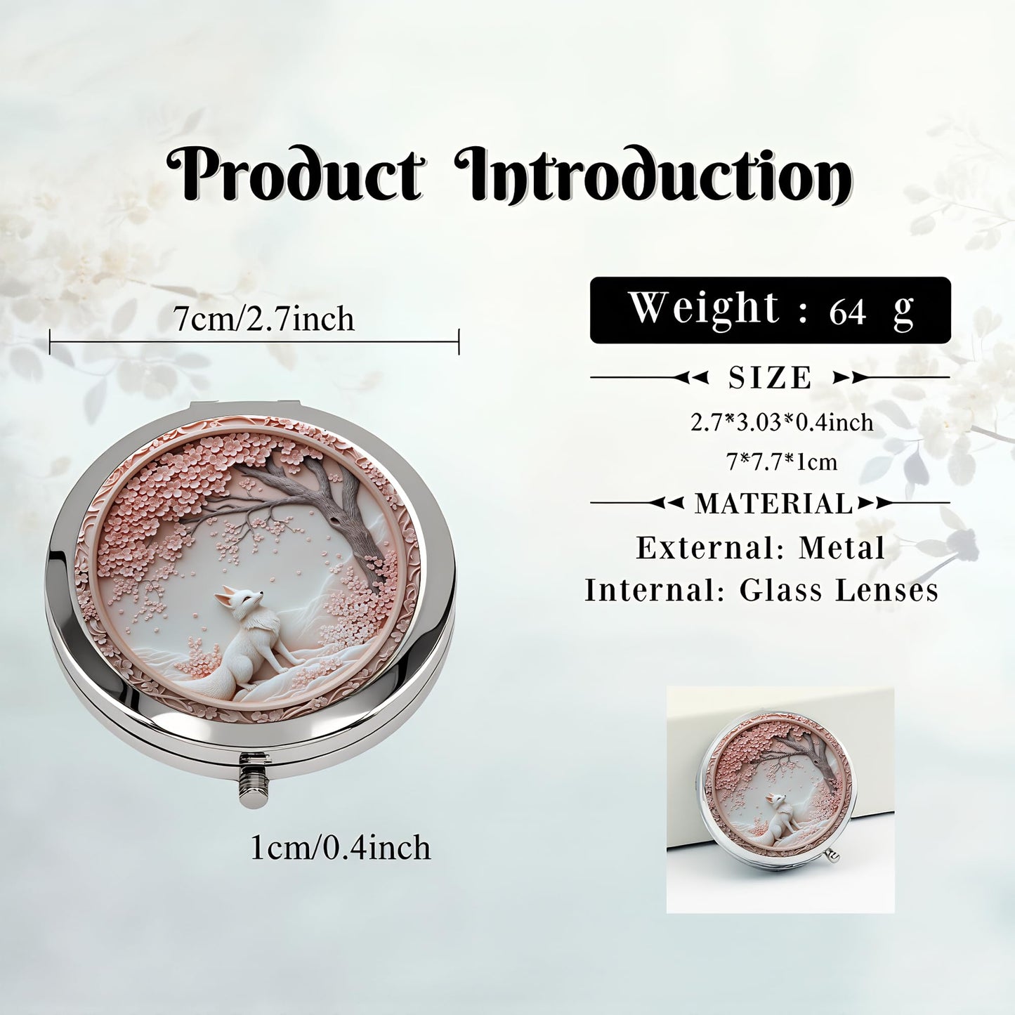 Silver Compact Mirror, 2.8x2.8inch Double-Sided Folding Makeup Mirror with Cherry Blossom White Fox Design, Ideal Gift for Women