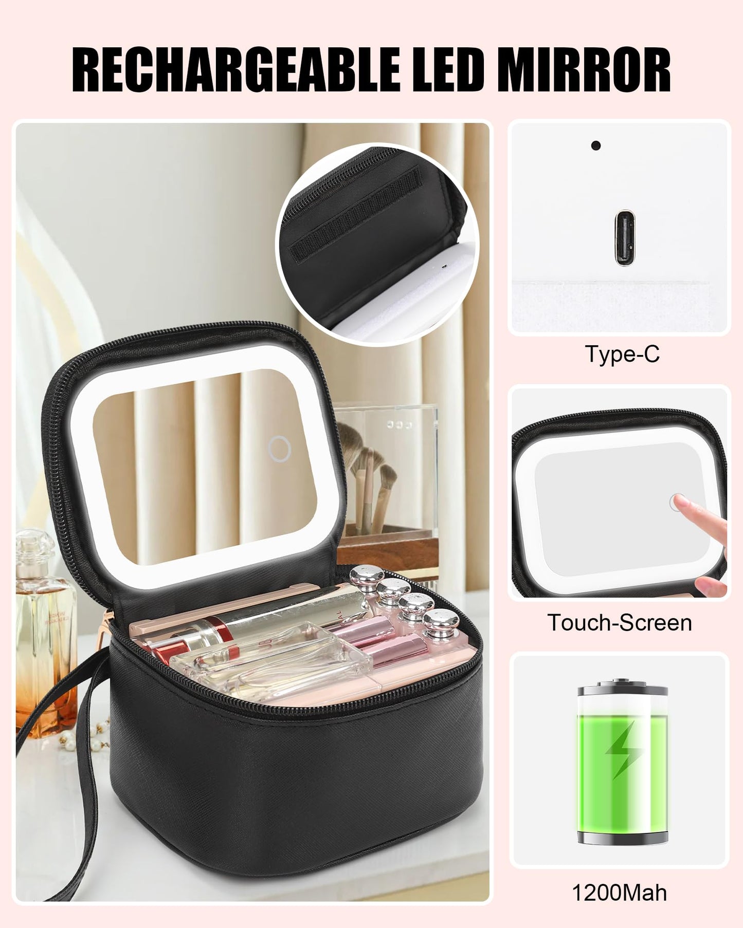 Relavel Initial Makeup Bag with Led Mirror, Mini Make Up Bag for Women Girls, Personalized Cosmetic Bag with Adjustable Brightness, Rechargeable Pink Make Up Bags Pouch for Birthday Gift - Black D