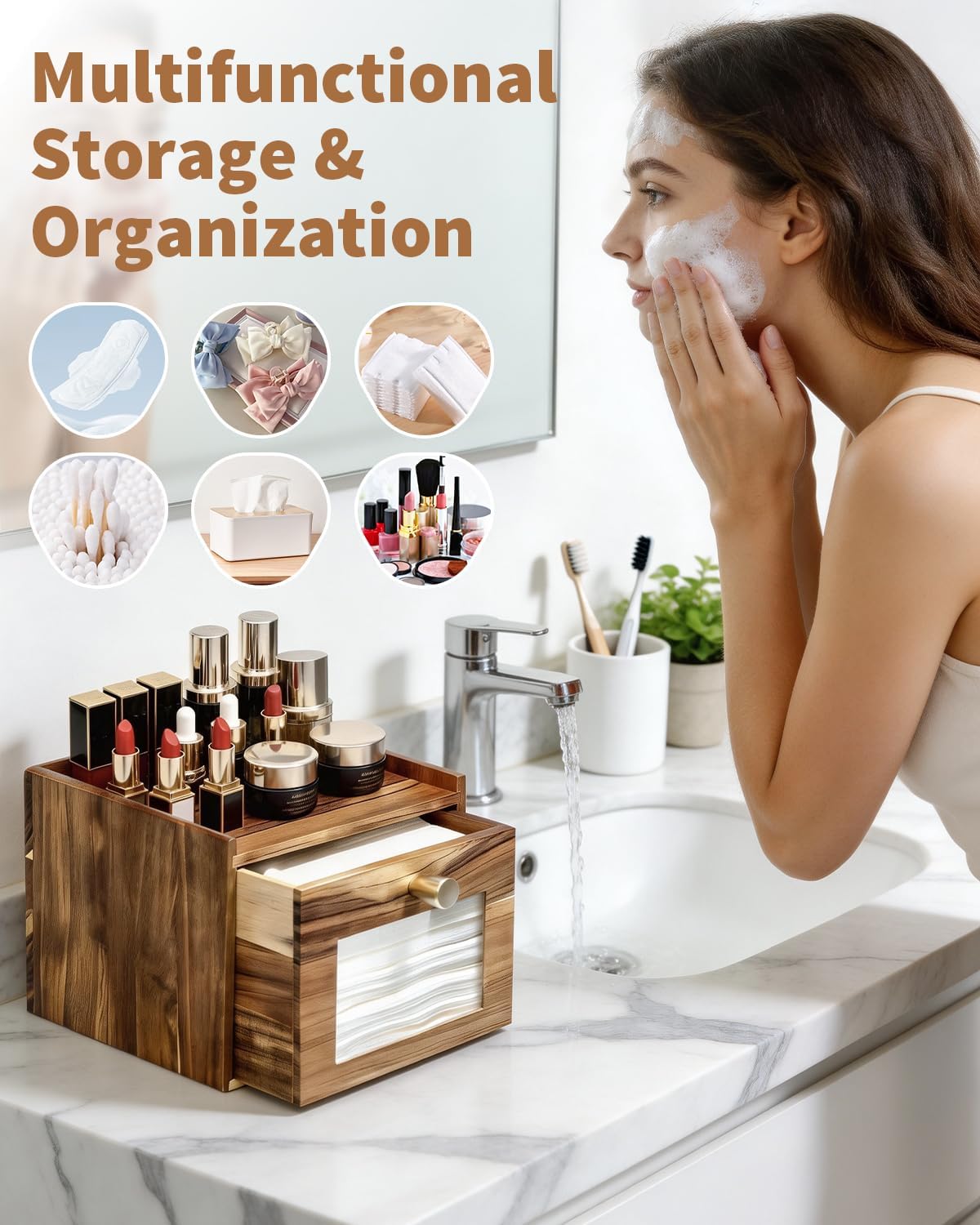 Disposable Face Towel Holder - Acacia Wood Storage Box for XL Towels | Bathroom Vanity Organizer & Wall Mount