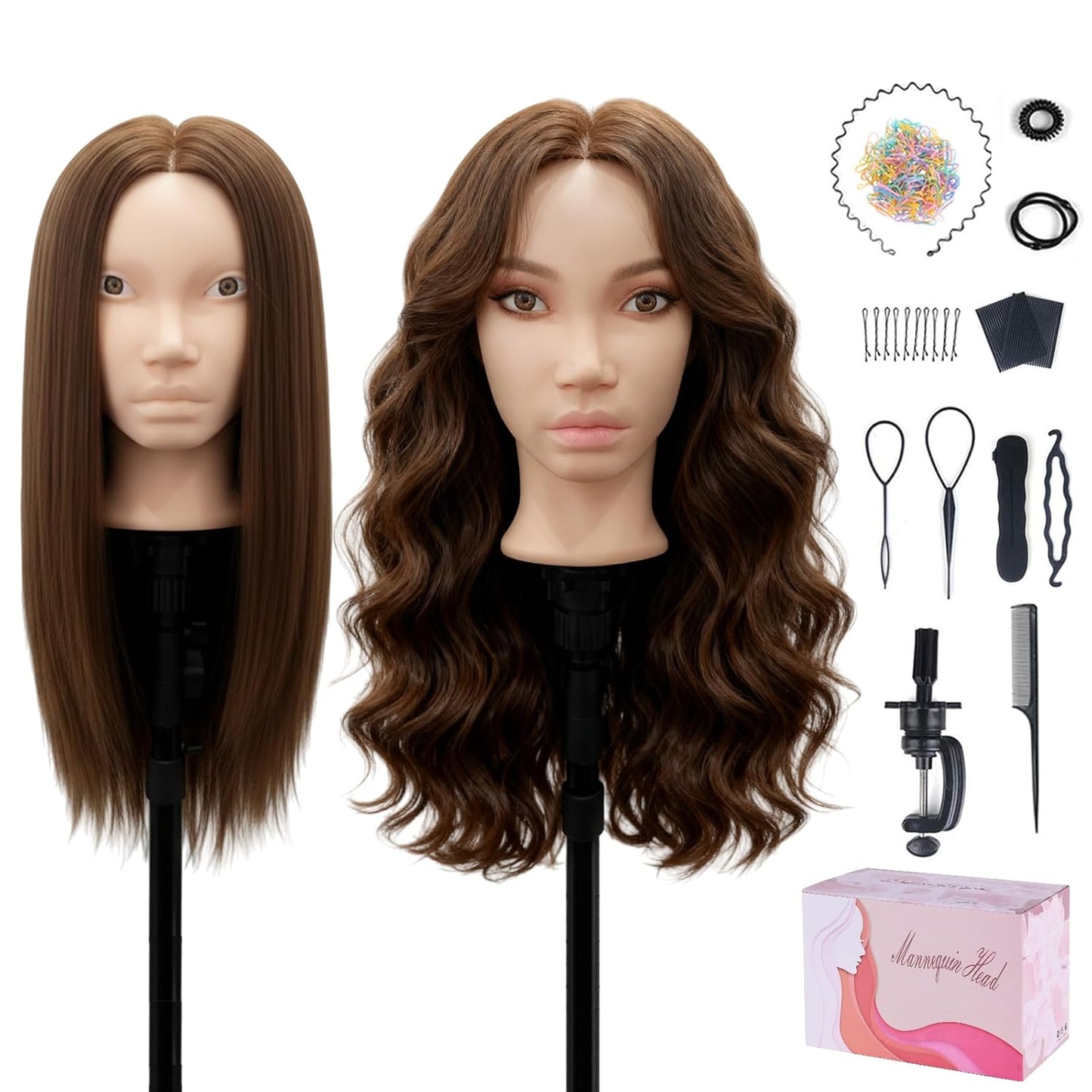 Beauty Star Mannequin Head - 18-Inch Real Human Hair Styling Head for Braiding & Cosmetology Training | Dark Brown Hair, Blue Eyes