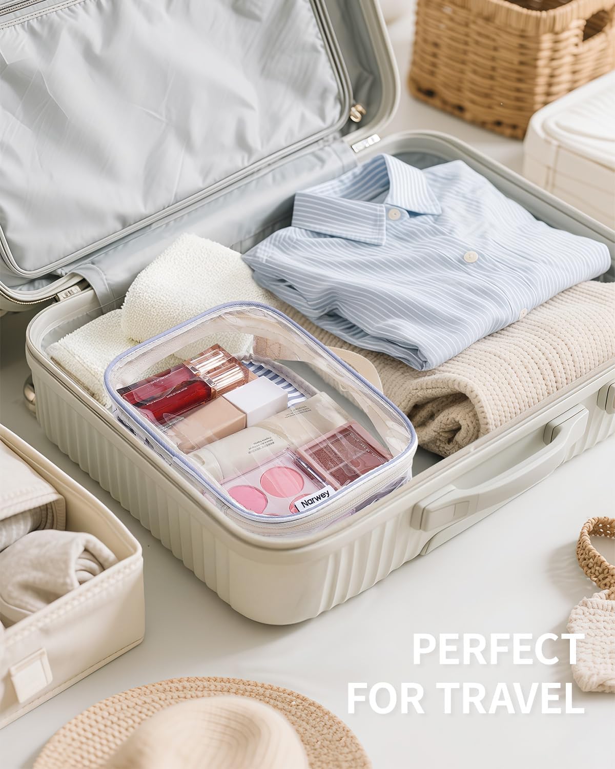 Clear Toiletry Bag - TSA Approved Waterproof PVC Makeup Organizer | Compact Quart Size (Greyish Blue Stripe)