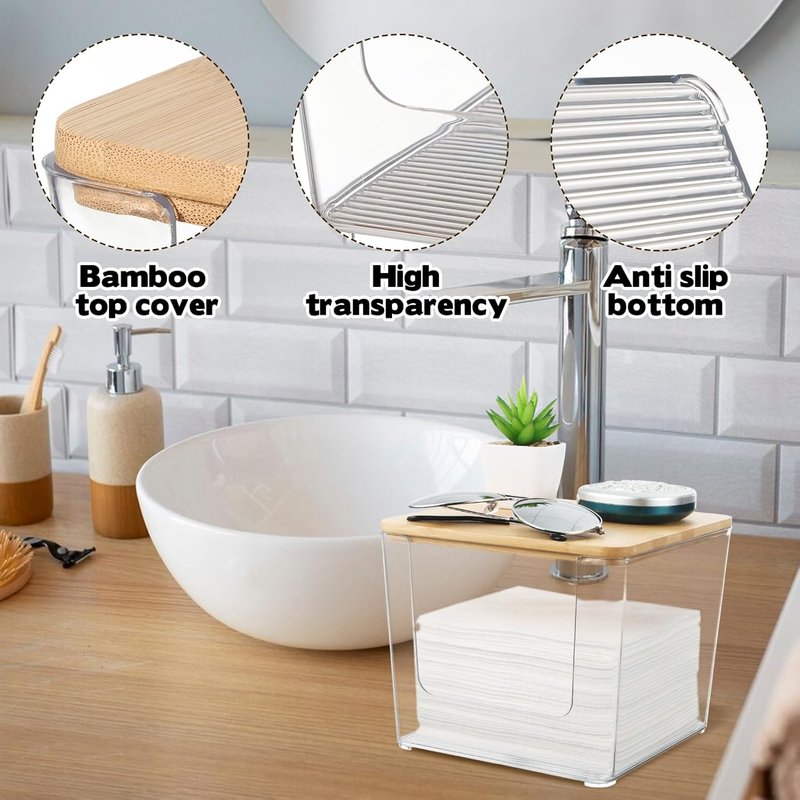 Acrylic Face Towel Holder - Upgrade Large Disposable Facial Towels Storage Box with Bamboo Lid | Bathroom Vanity Organizer