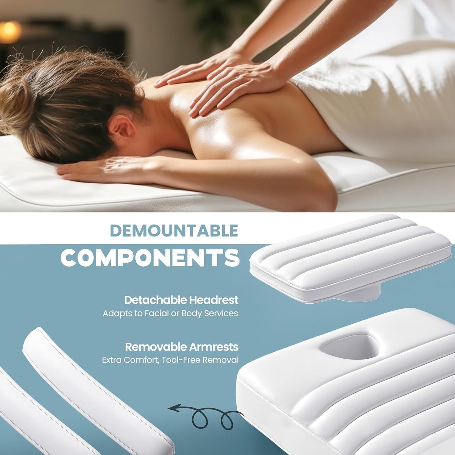 Electric Massage Table - Adjustable Facial Bed with LED Light | Removable Headrest & Armrest, 90° Back & Leg Adjustment (White)