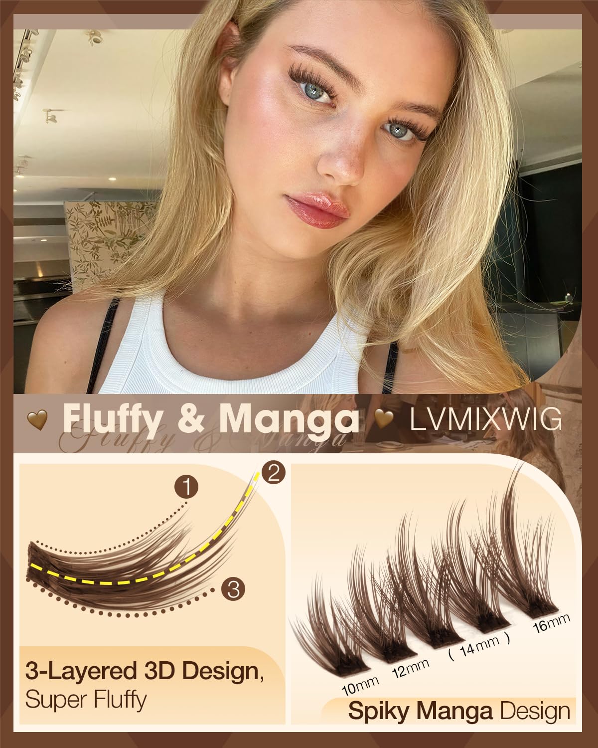 Brown Lash Clusters - Fluffy Manga Eyelash Extensions | Natural Spiky Individual Lashes 10-16MM D Curly