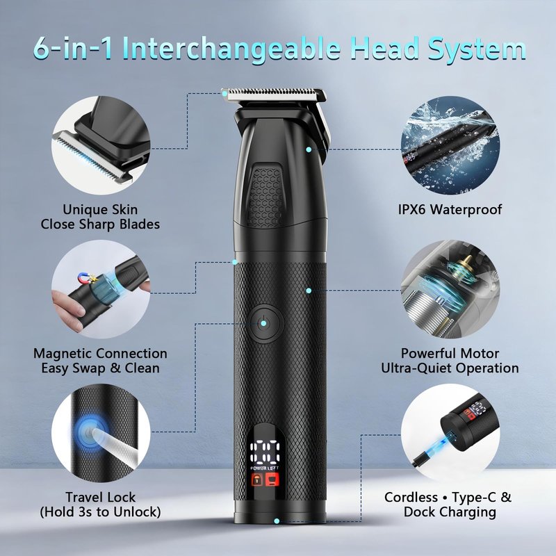 Manscape Body & Beard Trimmer for Men, 6-in-1 Electric Razor Grooming Kit Men's Gift, Nose Hair Trimmer, Ball Pubic Groin Shaver No Nick, Waterproof, LED Display, Rechargeable, Type-C Dock Charging