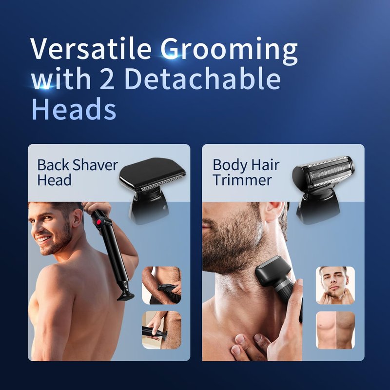 Back Shaver for Men, Electric Back Shaver Hair Trimmer, Mens Back Shaver with 2 Shock Absorber Flex Heads, Rechargeable Back Razor for Men with Adjustable Long Handle and Safety Blade