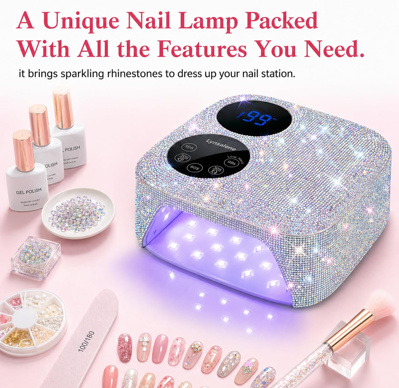 80W Cordless Wireless Nail Lamp, Professional UV Light for Gel Nails with Rechargeable Battery, Dual-Screen Display & Magnetic Base, Fast Curing Gel Polish Nail Dryer, LED Nail Light (Diamond)