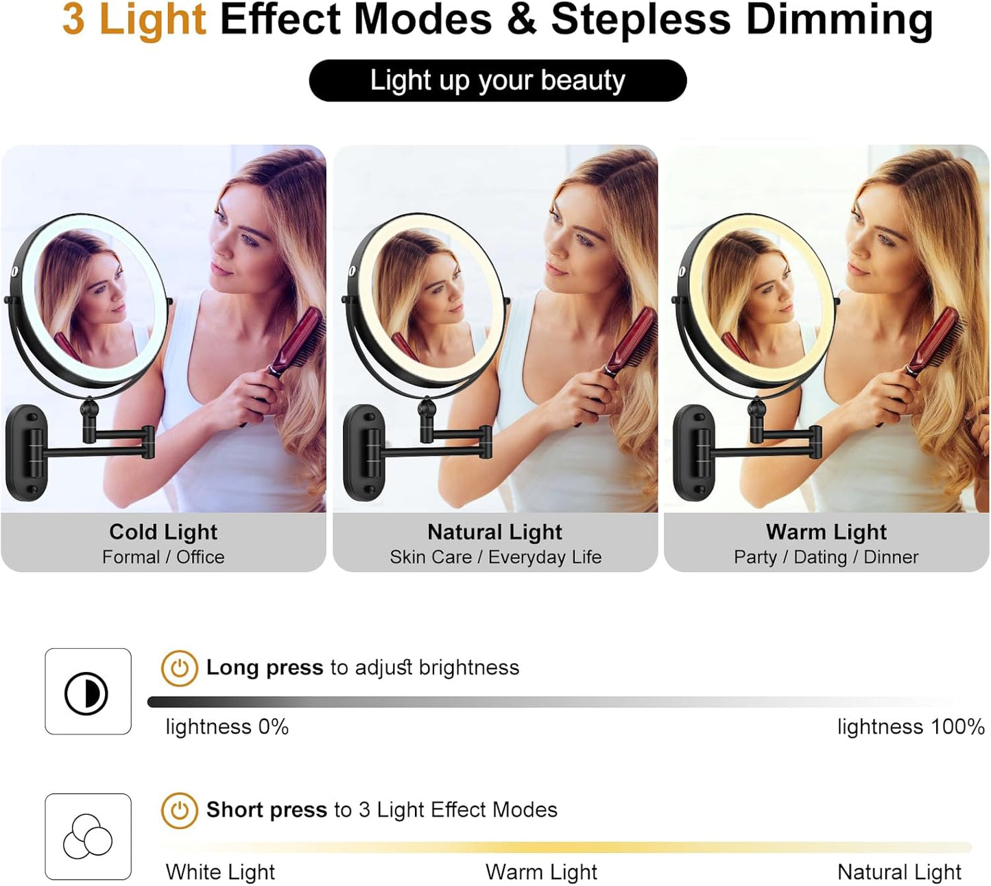 Lighted Makeup Mirror - 9" Wall Mounted 1X/10X Magnifying Mirror with 3 Color Lights | Rechargeable, Touch Dimmable, 360° Rotation