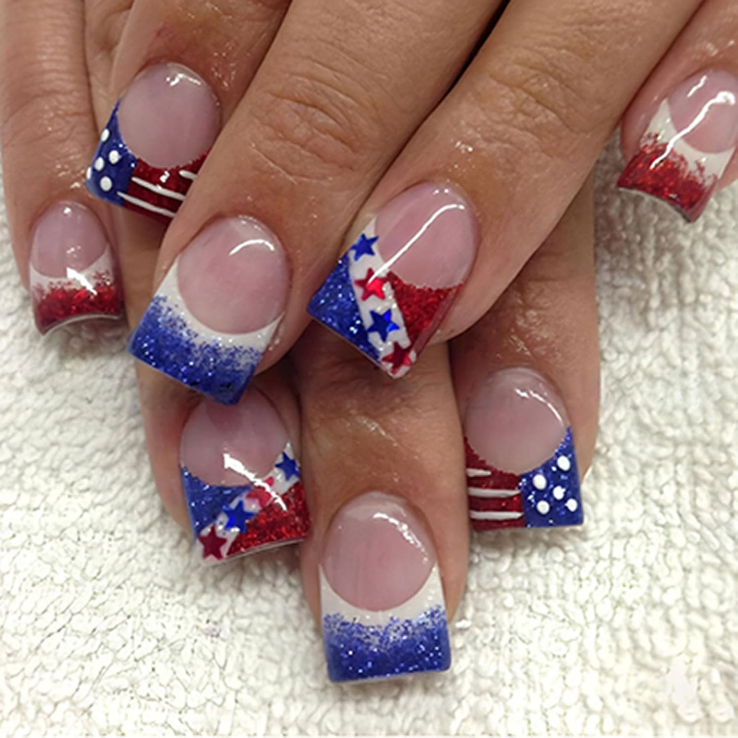Press On Nails - Medium Square American Flag Glitter Design | 24Pcs Red, Blue & Gold 4th of July Fake Nails