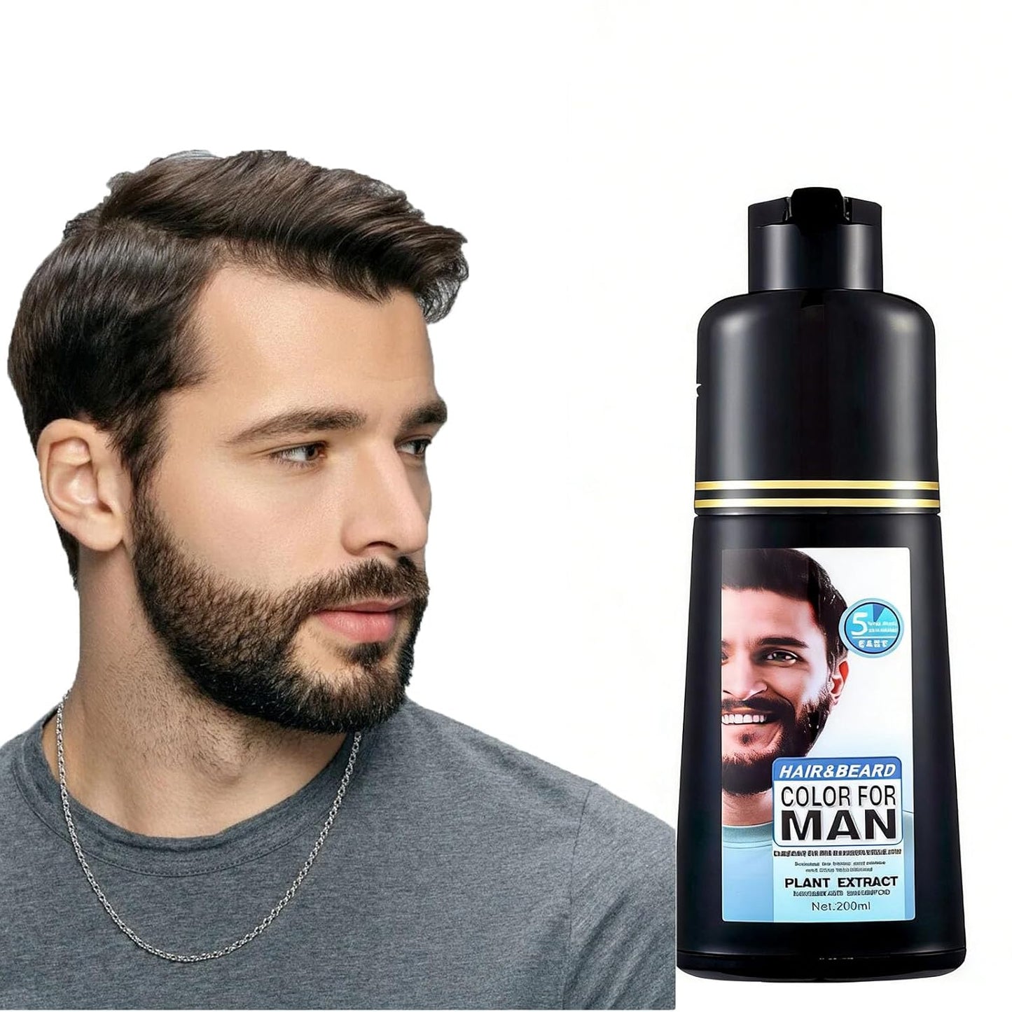 Beard Dye Shampoo for Men - 5 Minute Gray Coverage with Argan & Coconut Oil | No-Mess Formula, 200ML