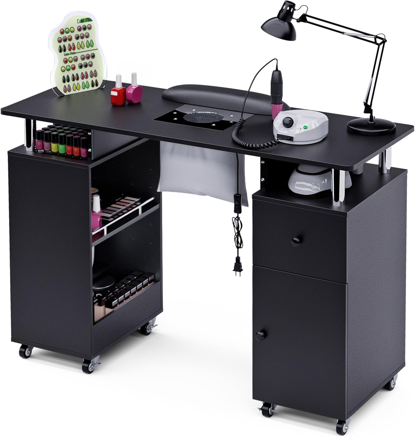 Nail Tech Table - Manicure Desk with Dust Collector, Arm Rest & Wheels | Black Beauty Salon Station