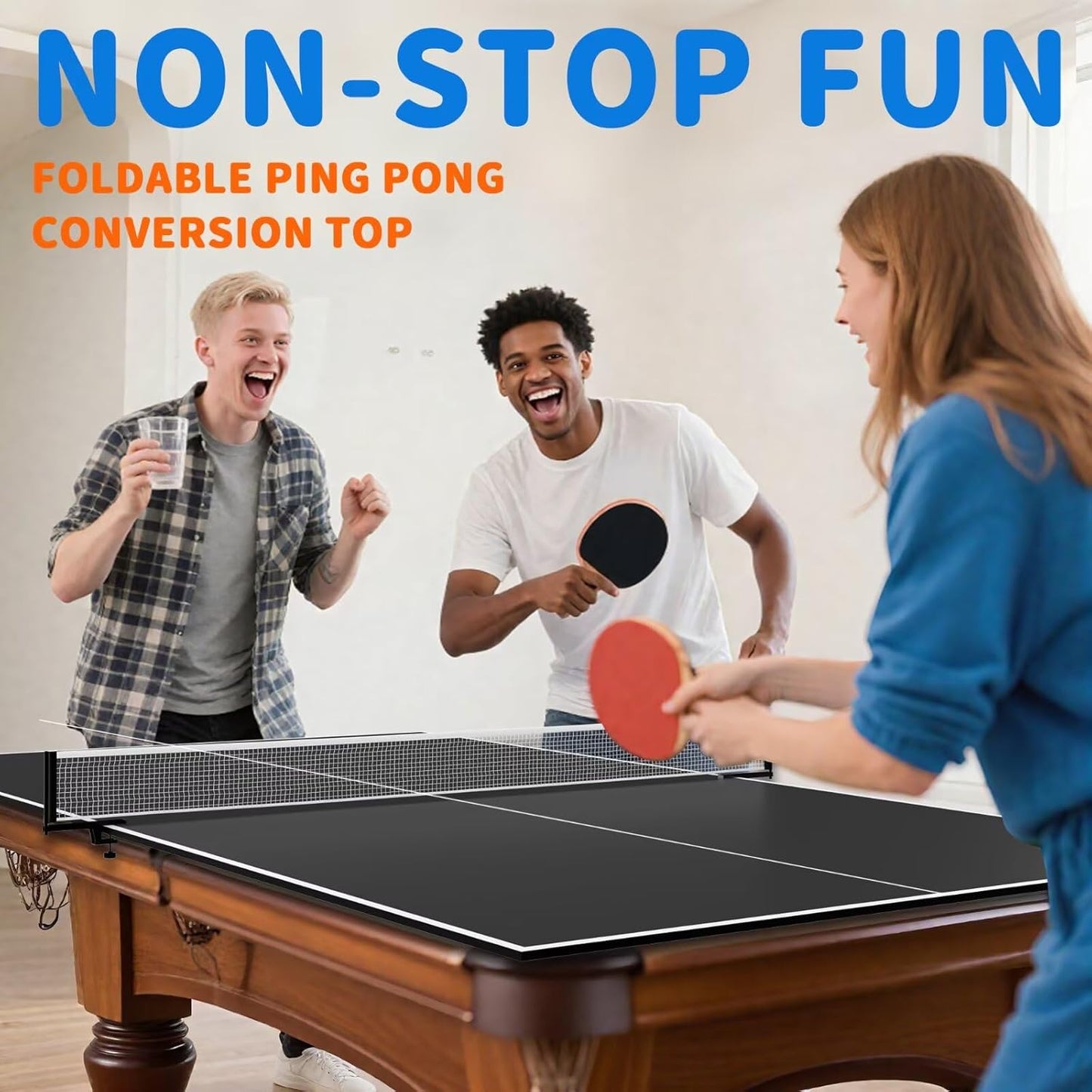 Ping Pong Table Topper - 8x4 FT Foldable Table Tennis Conversion Top with Net & Foam Padding | Ideal for Family Game Rooms