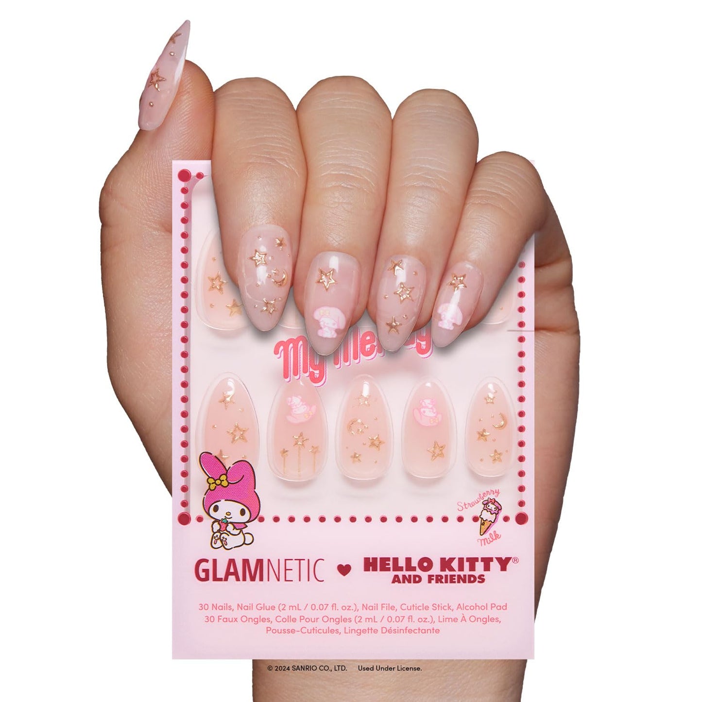 Glamnetic Press On Nails - My Melody™ Short Almond Gold Foil 3D Graphic | 30 Nail Kit with Glue - 15 Sizes Available