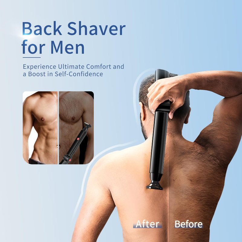 Back Shaver for Men, Electric Back Shaver Hair Trimmer, Mens Back Shaver with 2 Shock Absorber Flex Heads, Rechargeable Back Razor for Men with Adjustable Long Handle and Safety Blade