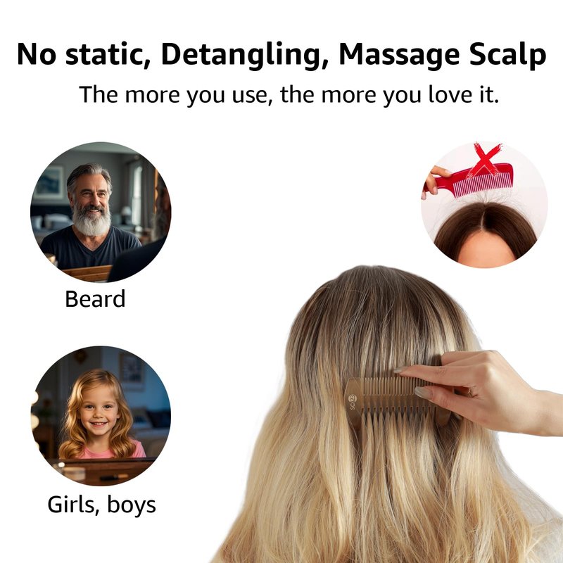 SC123 Untreated 4.3 inch Real Ox Horn Curly Hair Picks Beard Mustache Comb, Handmade Fine Wide Tooth Double Sided Small Pocket Travel, Anti-static Detangling Massage Scalp Gua sha for Women Men